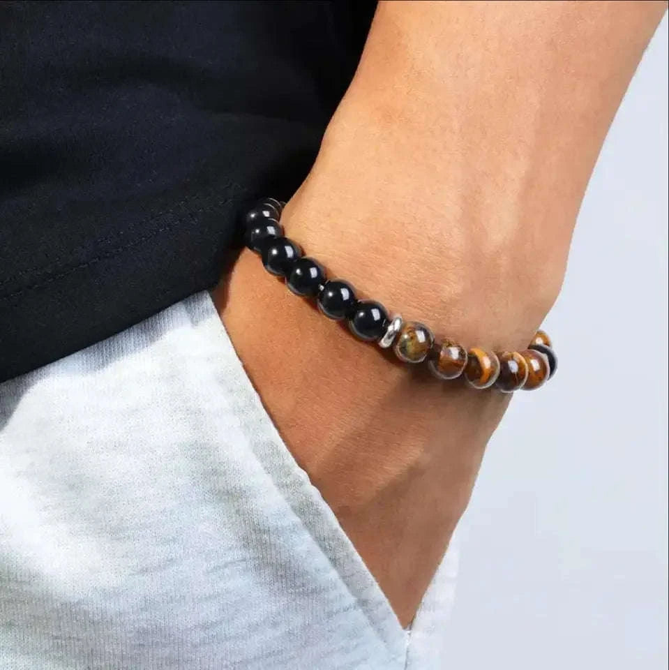 ✨ Classy Natural Stone Tiger's Eye & Obsidian Beaded Bracelet – Elegant Black Jewelry for Men – Perfect Brother Christmas Gift & Pulseras Mujer