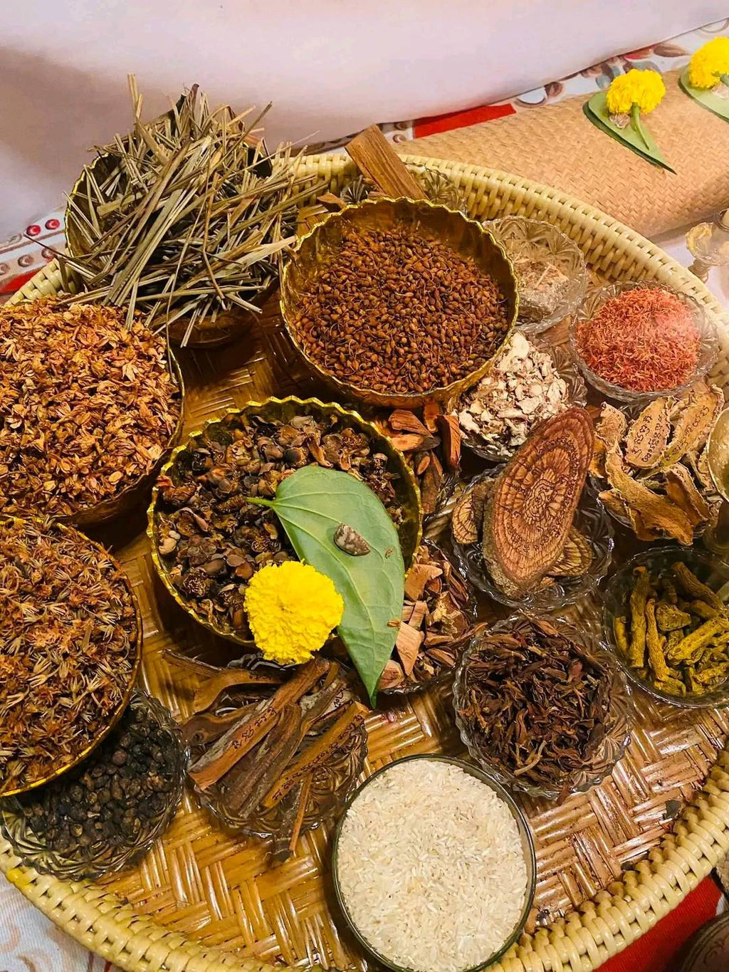 Collection of Thai herbs and spices for creating a cleanse negative energy Thai amulet ritual