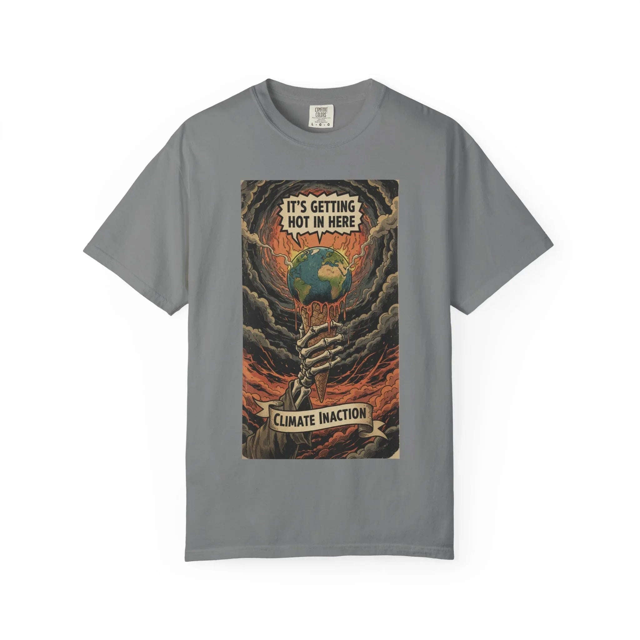 Climate Inaction Skeleton Melting Earth Shirt - Vintage Graphic Global Warming Activist Tee - Retro Aesthetic Sarcastic Eco-Friendly Gift - Heavyweight Garment-Dyed Unisex T-shirt Grey