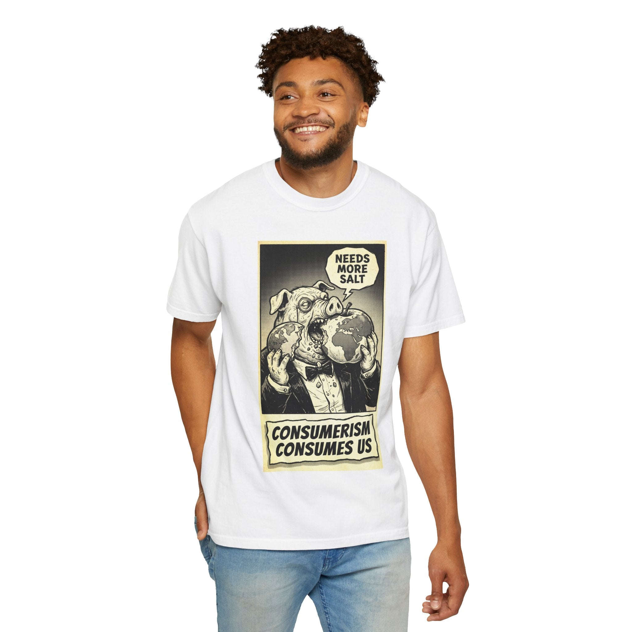 Consumerism Consumes Us T-Shirt | Vintage Satire Corporate Pig Graphic Tee | Anti-Capitalism Activist Apparel
