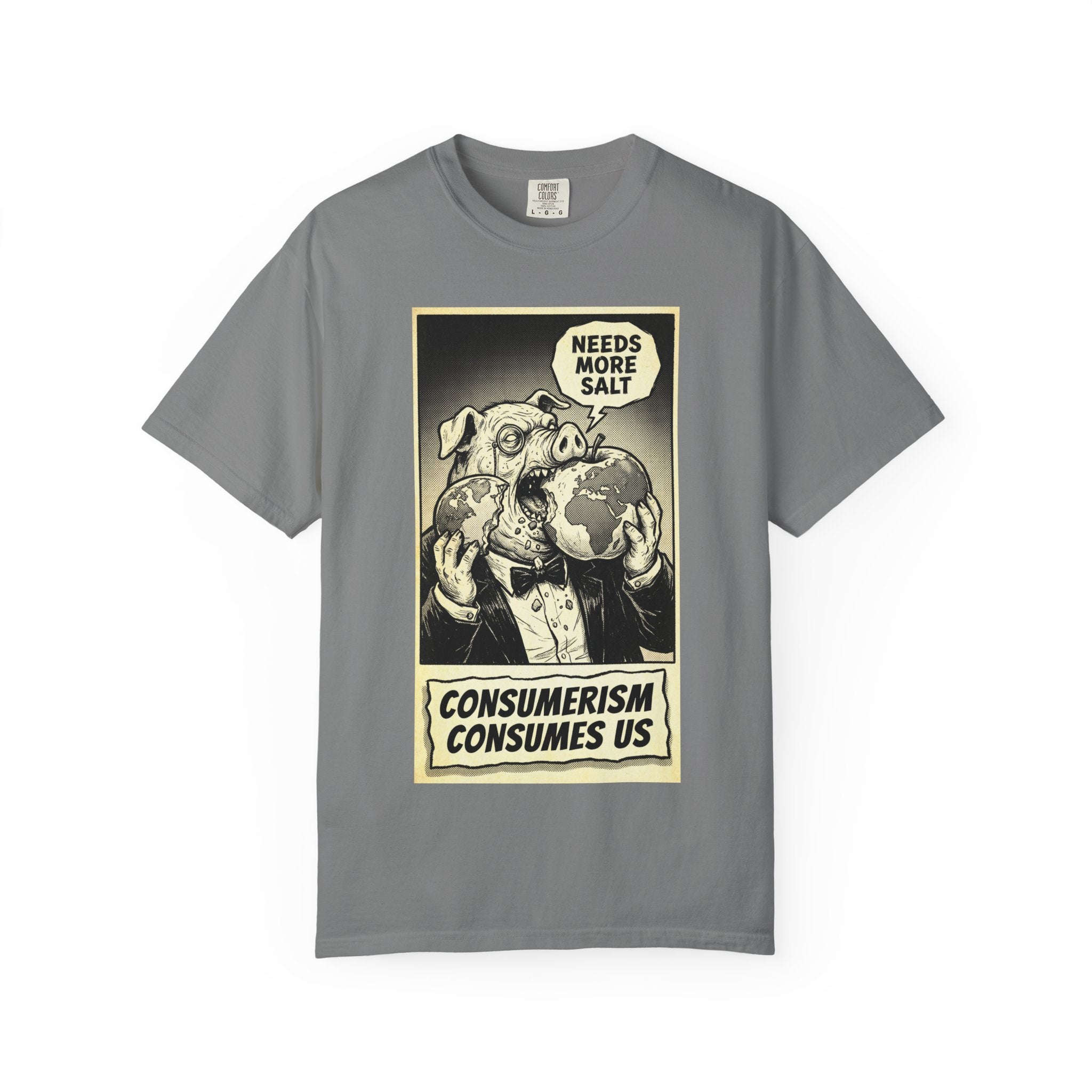 Consumerism Consumes Us T-Shirt | Vintage Satire Corporate Pig Graphic Tee | Anti-Capitalism Activist Apparel Grey