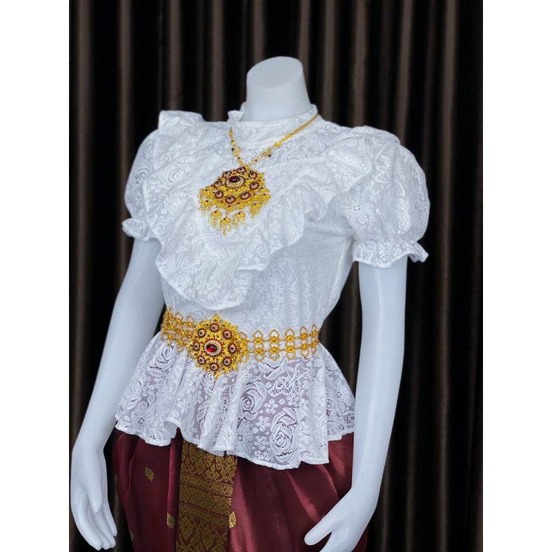 Custom Thai Pleated Sarong Outfit for Women One-Sake.com Set / ฟรีไซต์ Lace shirt / ฟรีไซต์ Chong Kraben Skirt / ฟรีไซต์ Lace shirt / ฟรีไซต์-Chong Kraben Skirt / ฟรีไซต์-Set / ฟรีไซต์-Accessories / ฟรีไซต์-
