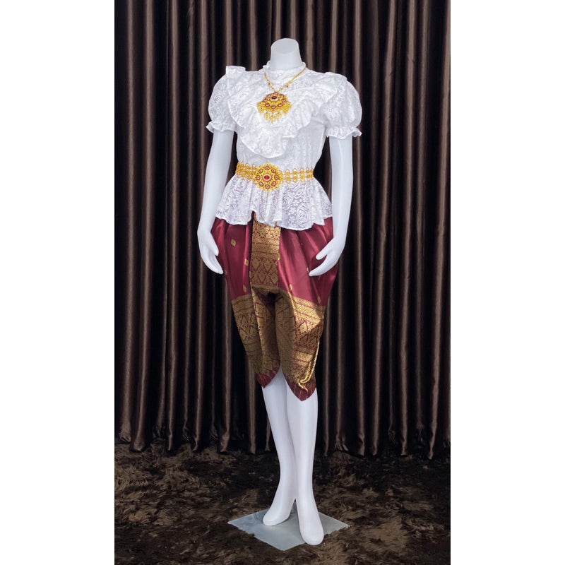 Custom Thai Pleated Sarong Outfit for Women One-Sake.com Set / ฟรีไซต์ Lace shirt / ฟรีไซต์ Chong Kraben Skirt / ฟรีไซต์ Lace shirt / ฟรีไซต์-Chong Kraben Skirt / ฟรีไซต์-Set / ฟรีไซต์-Accessories / ฟรีไซต์-