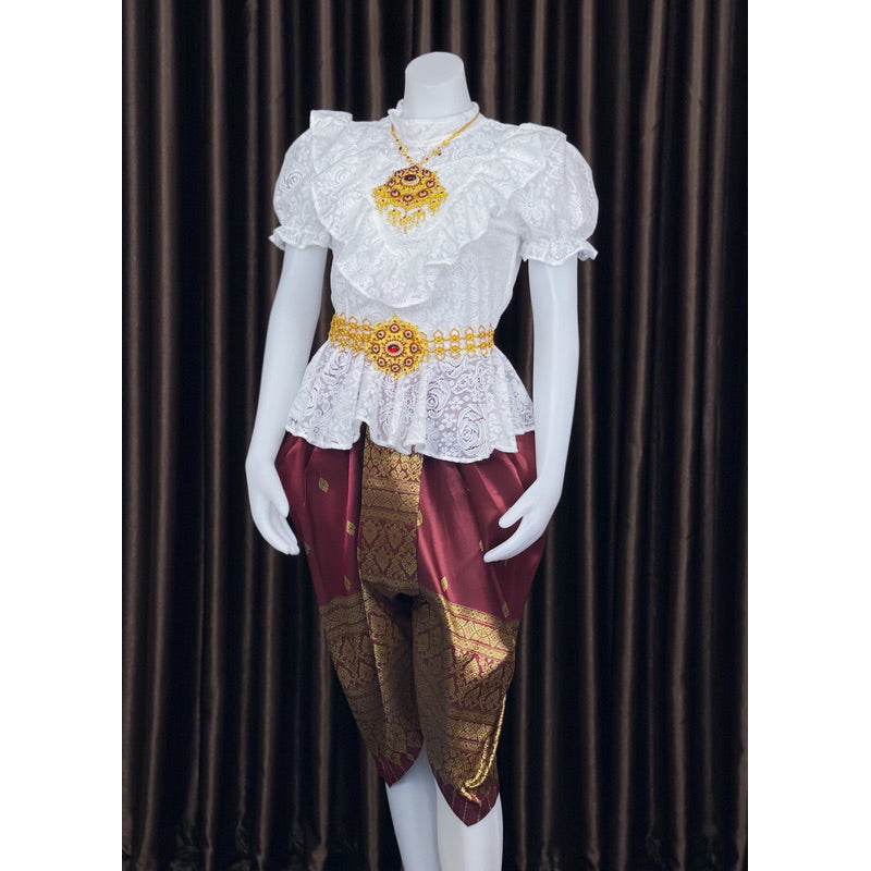 Custom Thai Pleated Sarong Outfit for Women One-Sake.com Set / ฟรีไซต์ Lace shirt / ฟรีไซต์ Chong Kraben Skirt / ฟรีไซต์ Lace shirt / ฟรีไซต์-Chong Kraben Skirt / ฟรีไซต์-Set / ฟรีไซต์-Accessories / ฟรีไซต์-