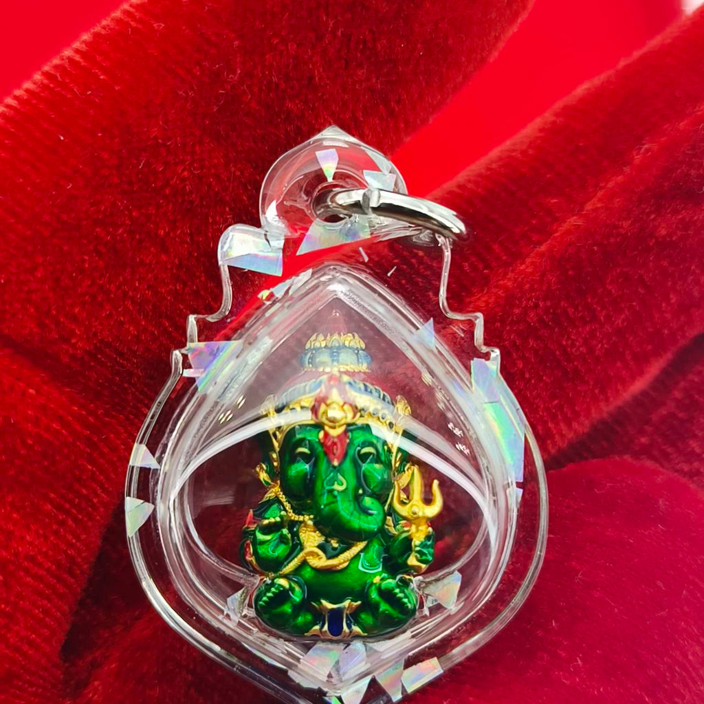 Phra Sri Siddhiya Ganapati Gold-Plated Bronze Statue with Green Enamel Finish