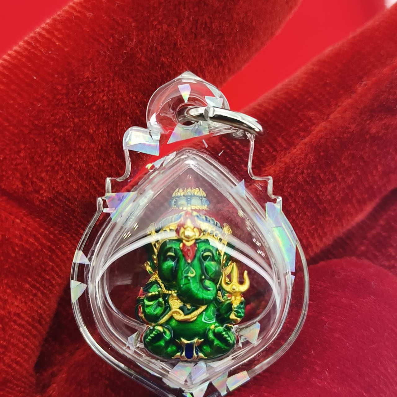 Phra Sri Siddhiya Ganapati Gold-Plated Bronze Statue with Green Enamel Finish