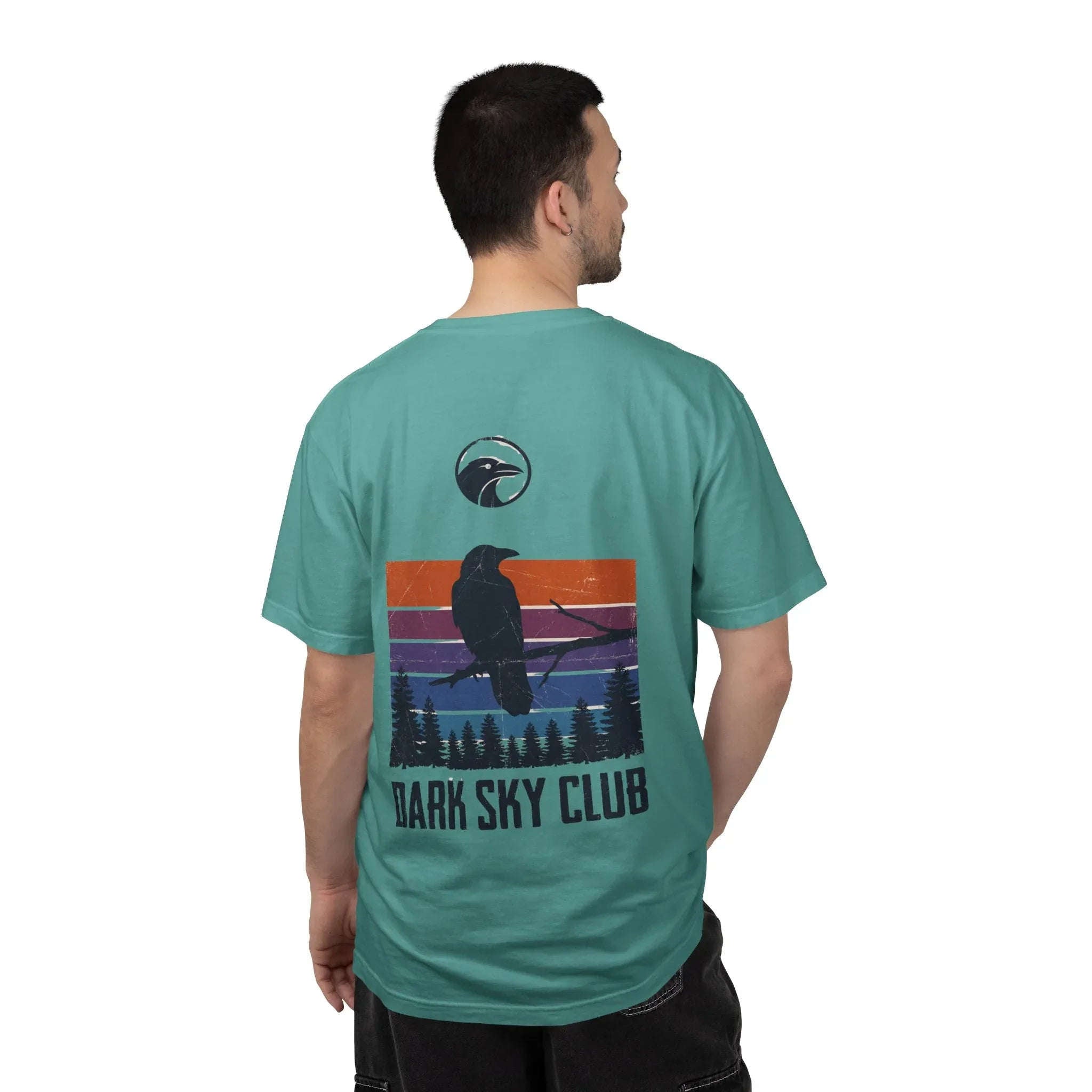 Dark Sky Club Raven Shirt, Vintage Retro Sunset Stripes, Crow Silhouette Graphic Tee, Gothic Witchy Nature Gift Seafoam