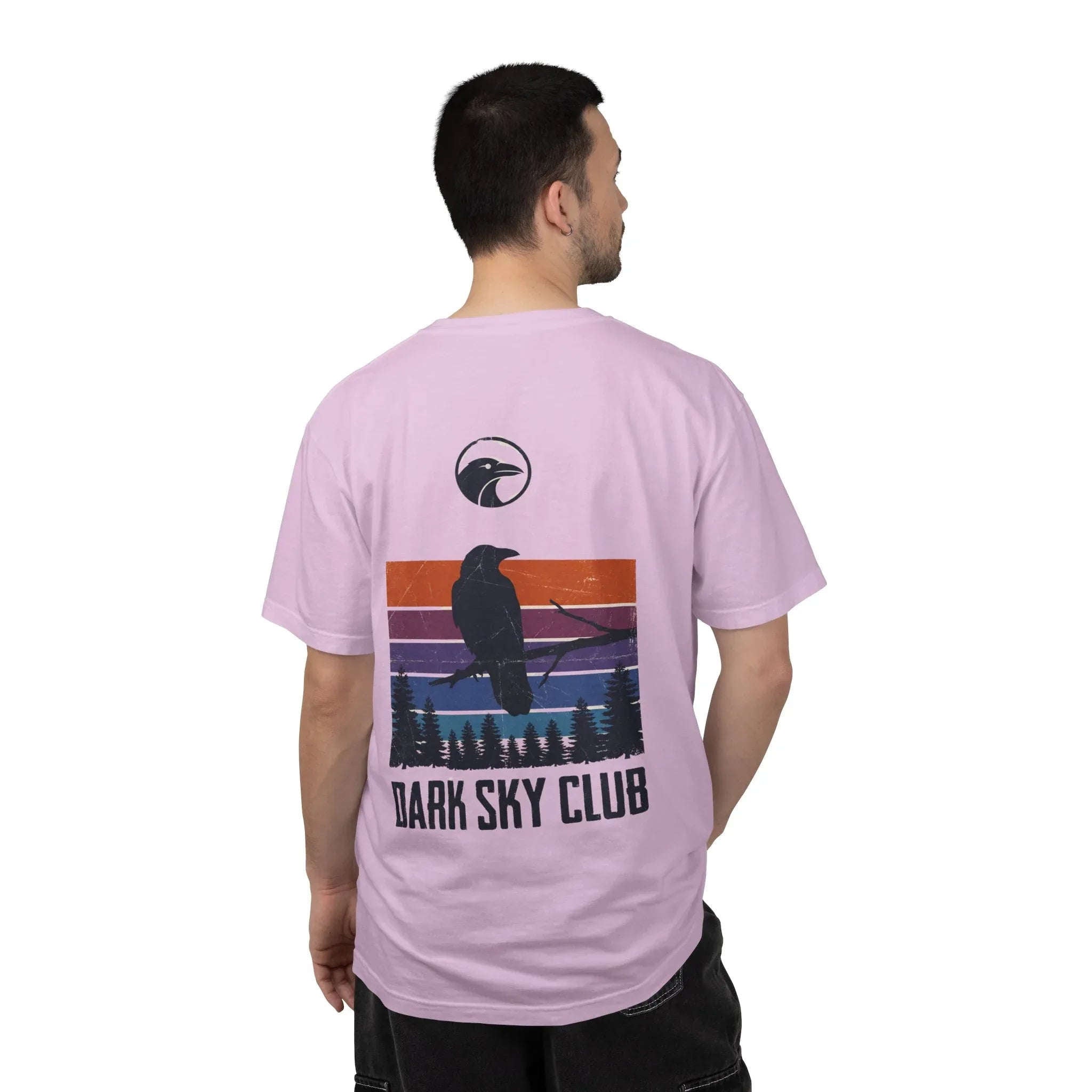 Dark Sky Club Raven Shirt, Vintage Retro Sunset Stripes, Crow Silhouette Graphic Tee, Gothic Witchy Nature Gift Orchid