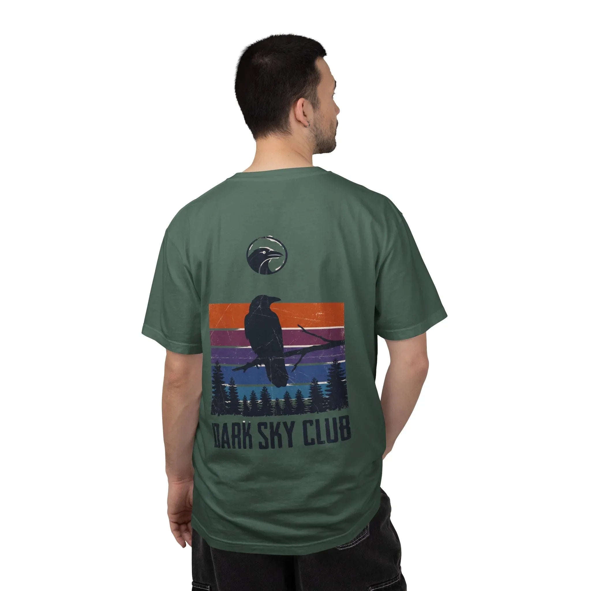 Dark Sky Club Raven Shirt, Vintage Retro Sunset Stripes, Crow Silhouette Graphic Tee, Gothic Witchy Nature Gift Blue Spruce