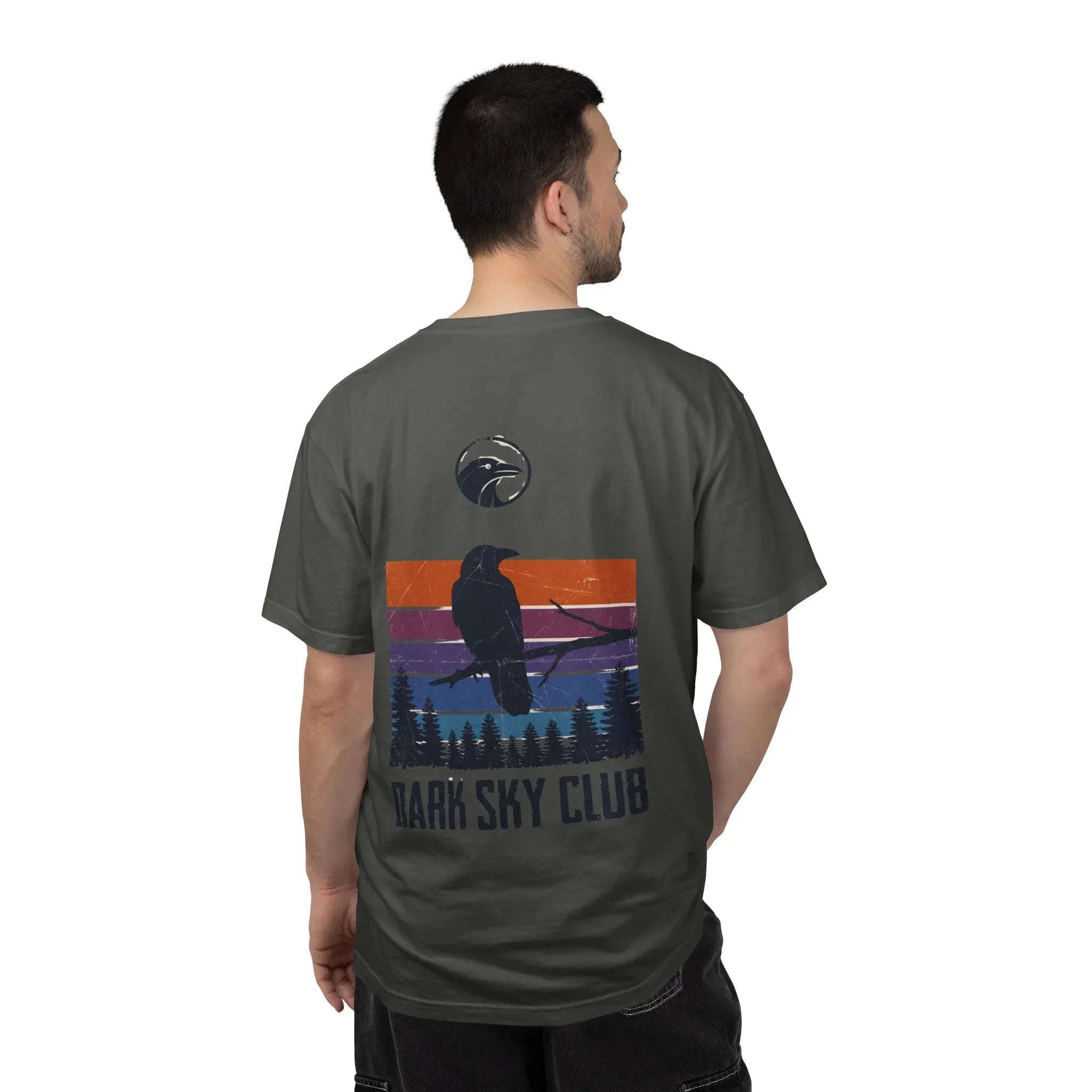 Dark Sky Club Raven Shirt, Vintage Retro Sunset Stripes, Crow Silhouette Graphic Tee, Gothic Witchy Nature Gift Pepper