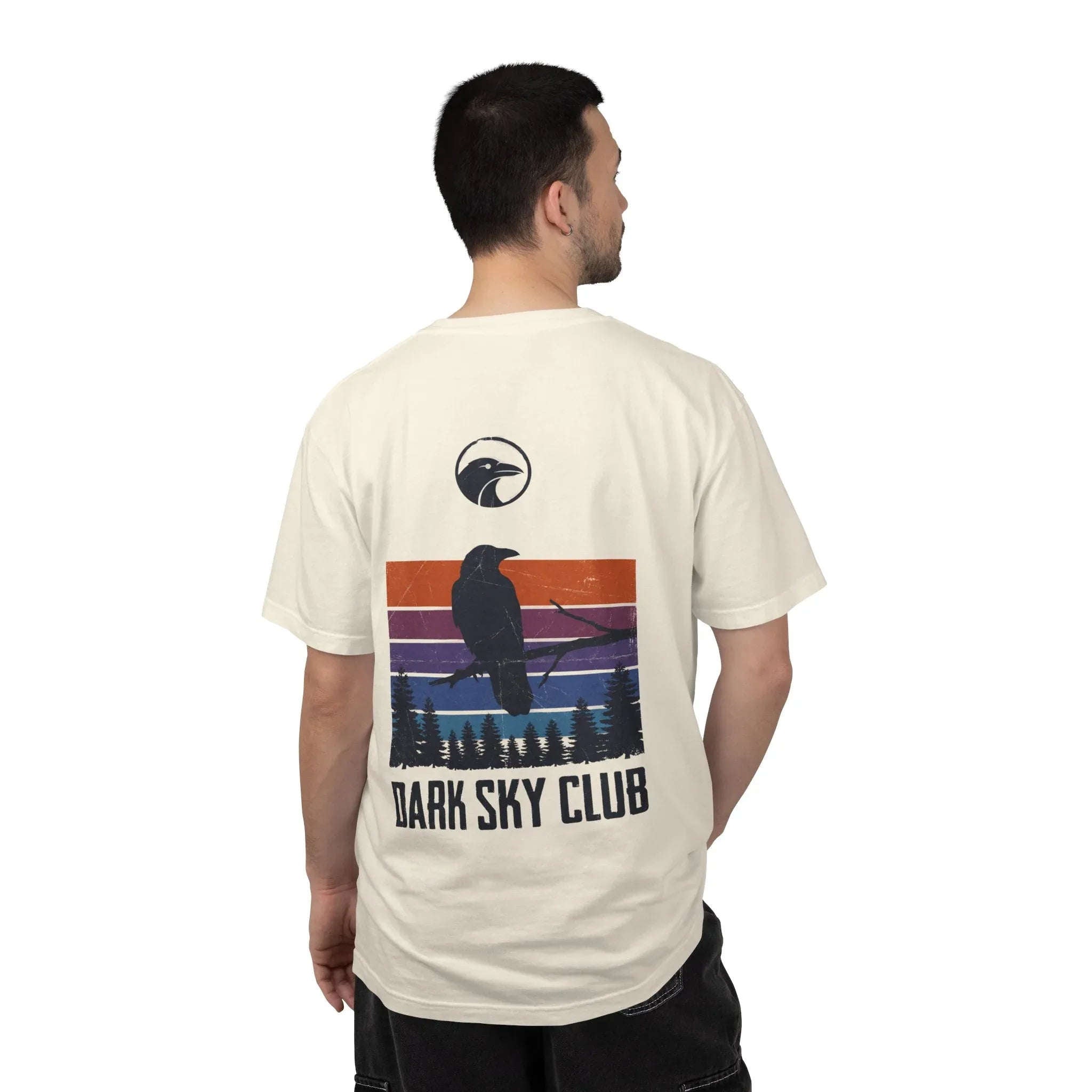 Dark Sky Club Raven Shirt, Vintage Retro Sunset Stripes, Crow Silhouette Graphic Tee, Gothic Witchy Nature Gift Ivory