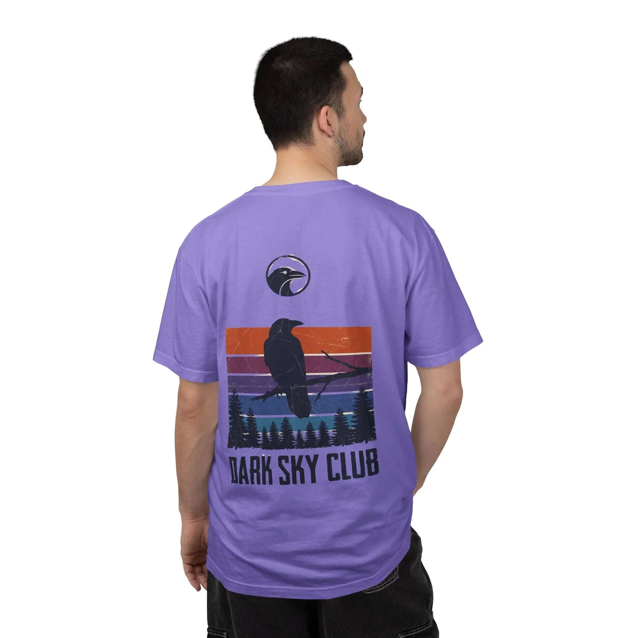 Dark Sky Club Raven Shirt, Vintage Retro Sunset Stripes, Crow Silhouette Graphic Tee, Gothic Witchy Nature Gift Violet