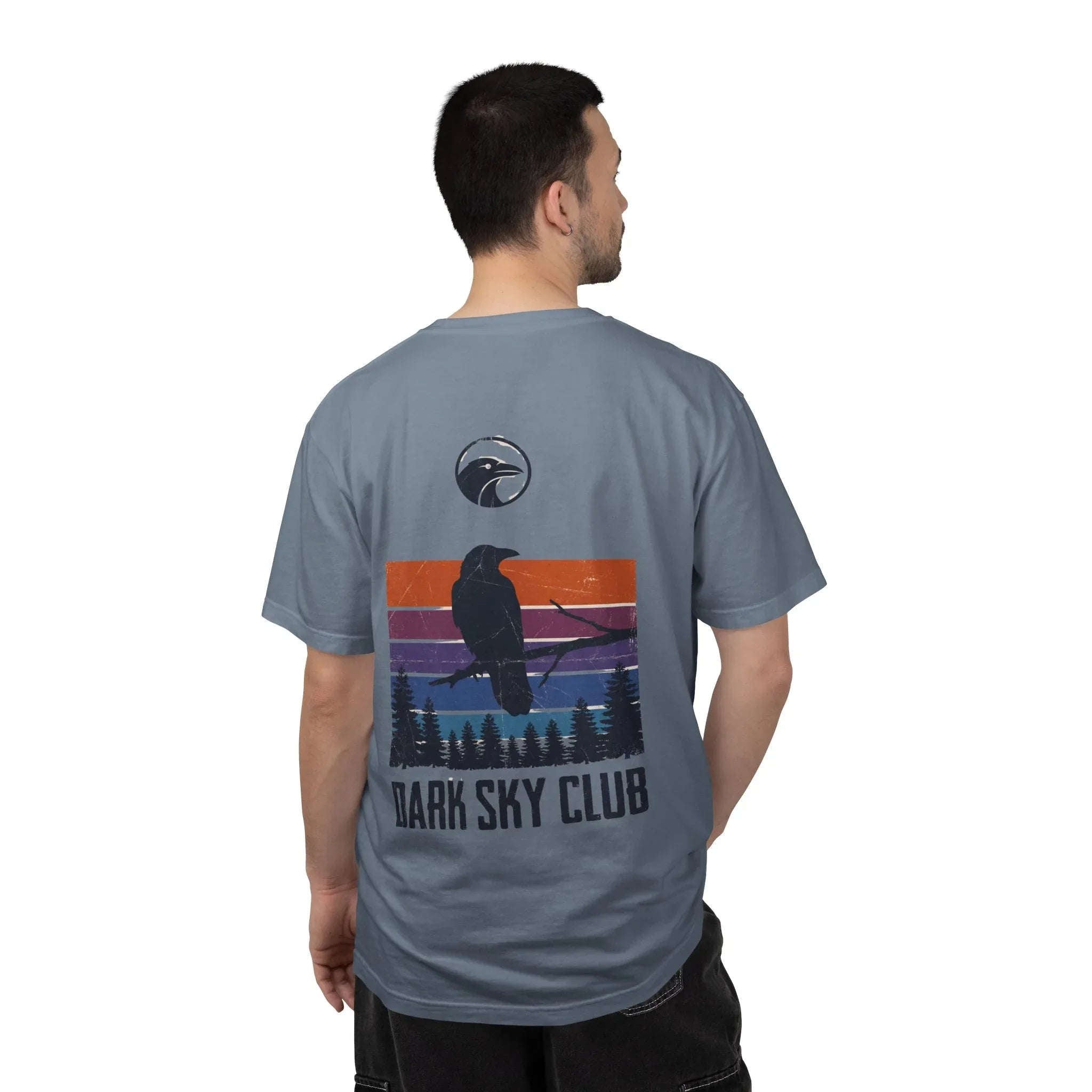 Dark Sky Club Raven Shirt, Vintage Retro Sunset Stripes, Crow Silhouette Graphic Tee, Gothic Witchy Nature Gift Blue Jean