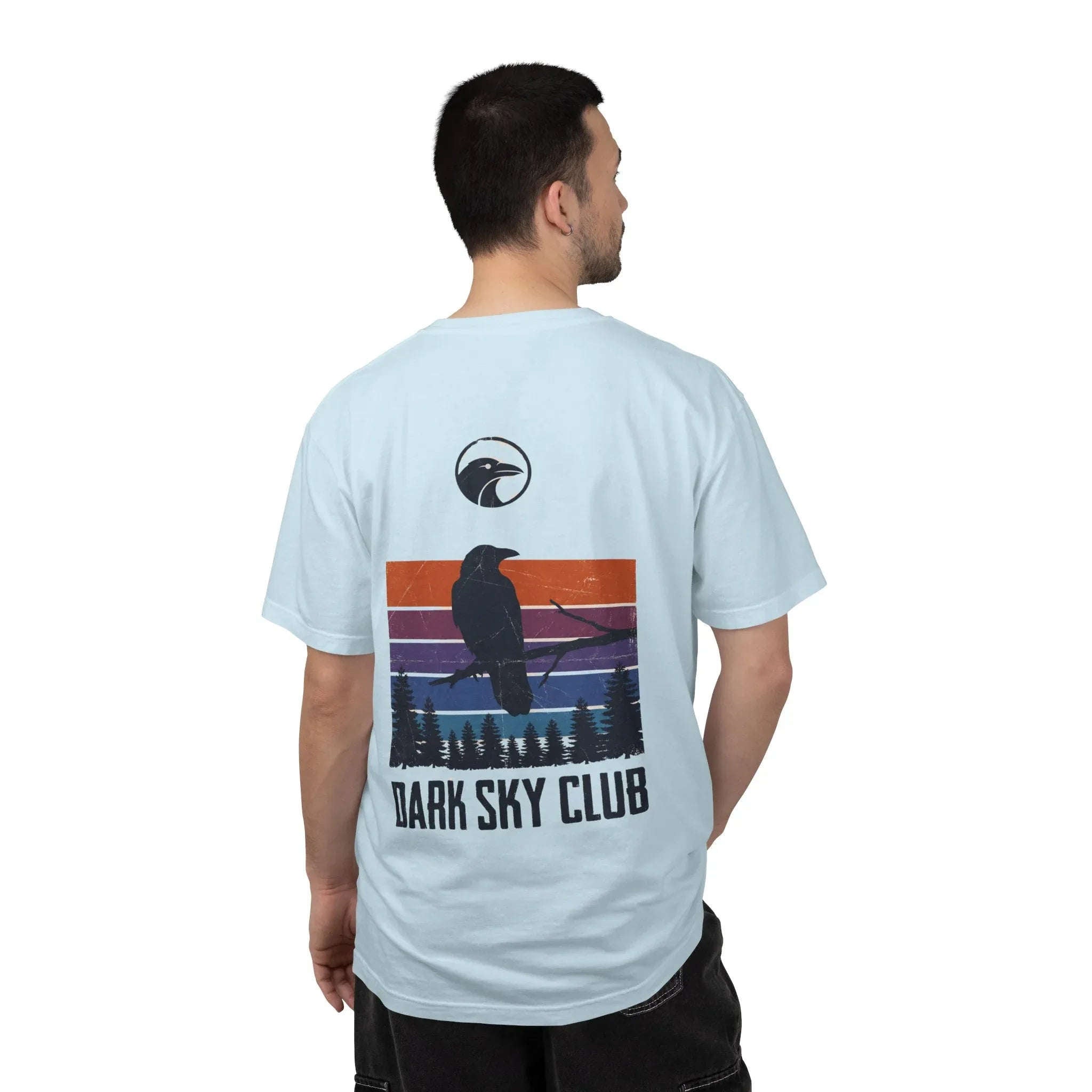 Dark Sky Club Raven Shirt, Vintage Retro Sunset Stripes, Crow Silhouette Graphic Tee, Gothic Witchy Nature Gift Chambray