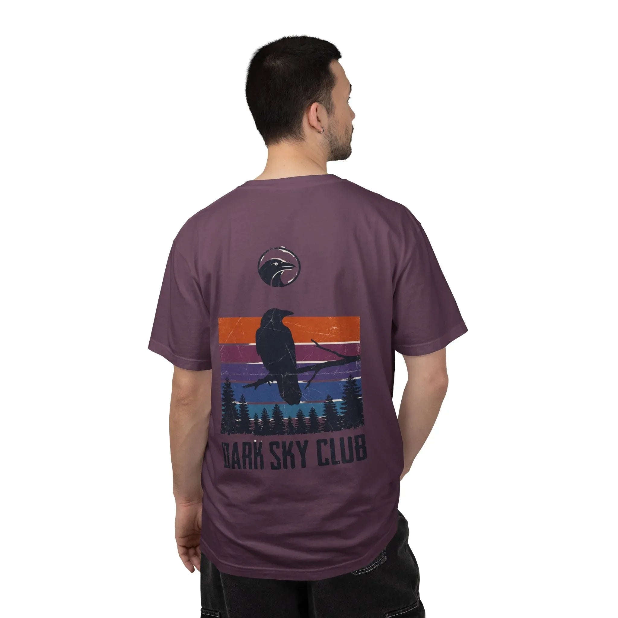 Dark Sky Club Raven Shirt, Vintage Retro Sunset Stripes, Crow Silhouette Graphic Tee, Gothic Witchy Nature Gift Berry M