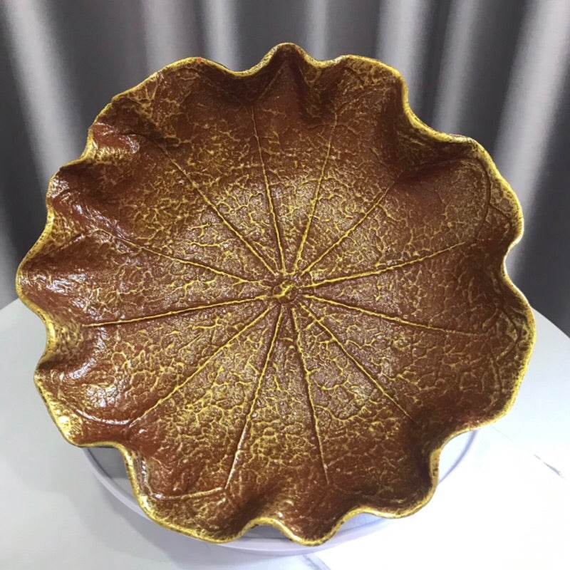 Decorative natural resin bowl 20cm in brown with textured leaf design and wavy edges