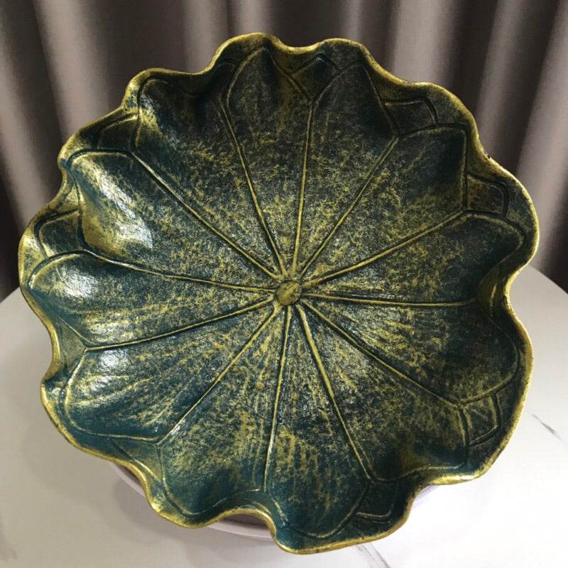 Decorative natural resin bowl 20cm with green and gold leaf design for home decor