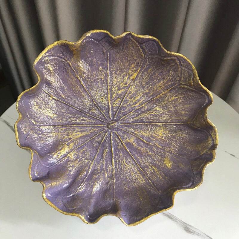 Purple and gold decorative natural resin bowl 20cm shaped like a flower with detailed texture