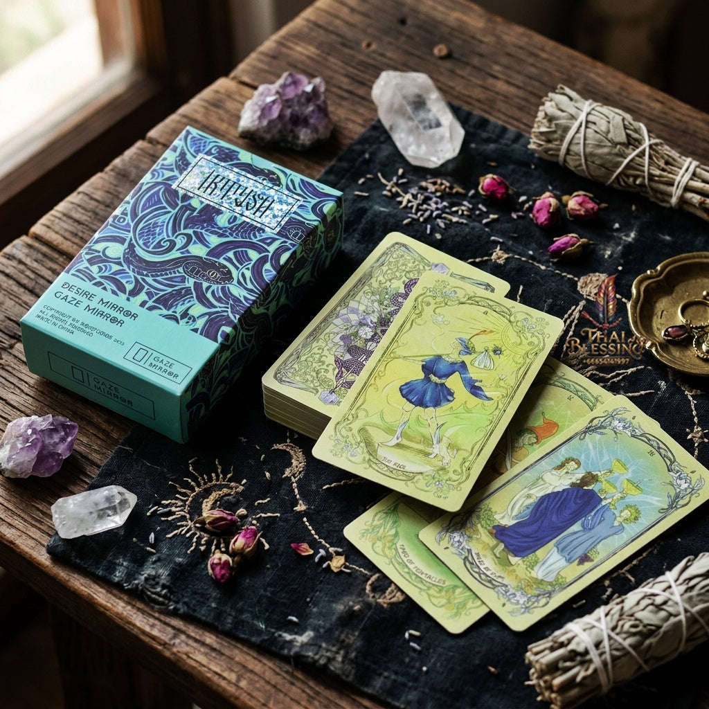Desire Mirror (Irtysh) Tarot Deck (78 Pcs Ethereal Green Edition) - 10.3x6cm Modern Art Illustrated Divination Cards for Intuitive Readings, Self-Reflection & Tarot Collectors Thai Blessing Co By RURUECHA