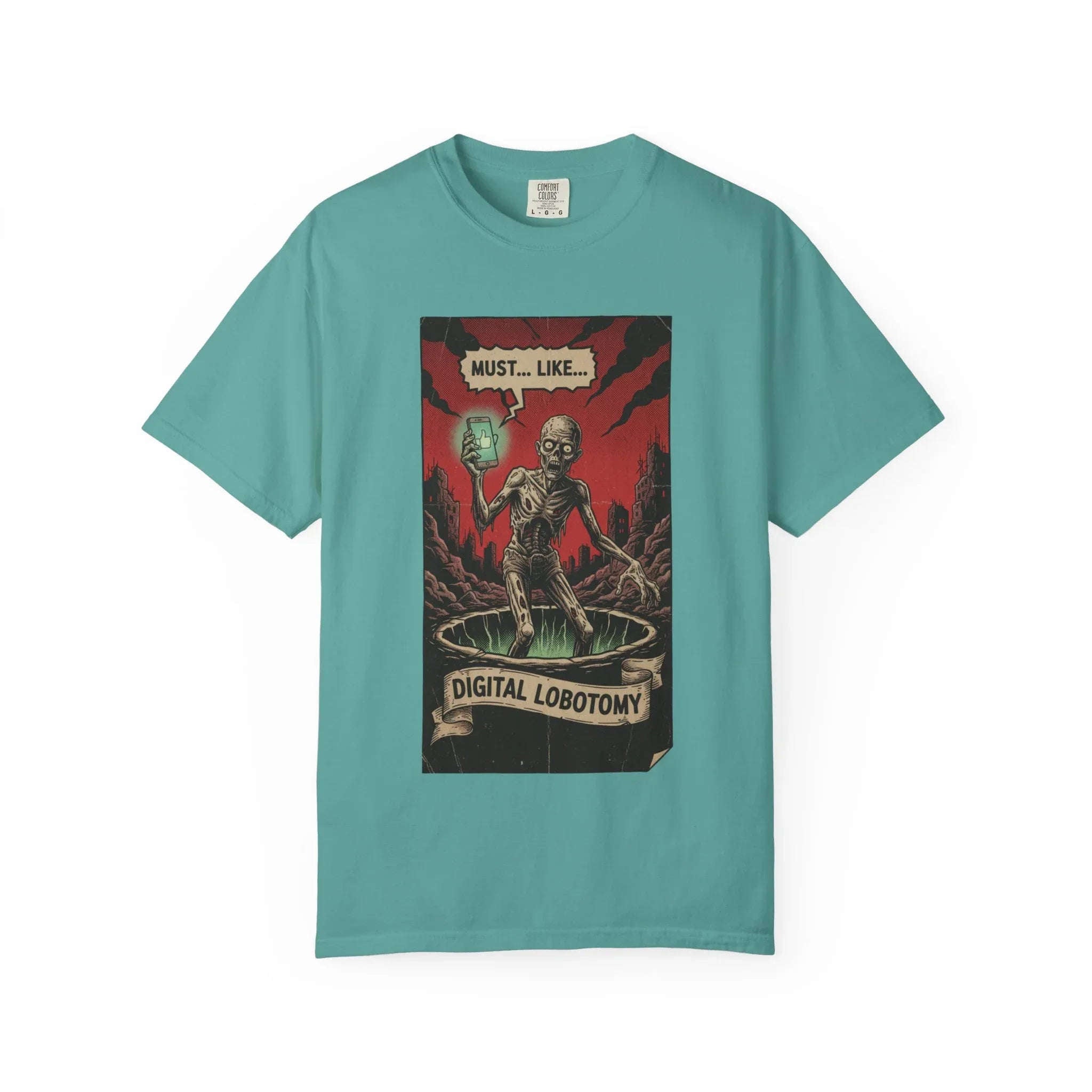 Digital Lobotomy Shirt - Vintage Horror Zombie T-Shirt - Social Media Satire Tee - Retro Comic Style Graphic Shirt - Smartphone Addict Dark Humor Gift - Tech Skeptic Streetwear Seafoam