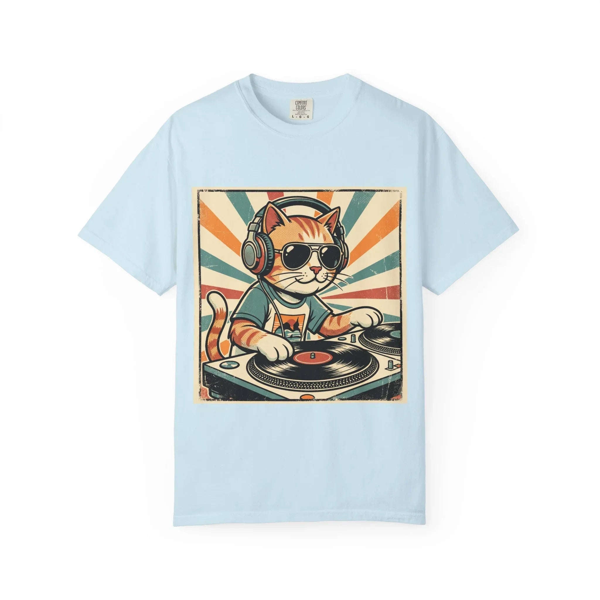 DJ Cat Shirt, Retro Sunburst Turntables Tee, Funny Vinyl Music T-Shirt, Cat DJ Graphic, Festival Rave Outfit, Music Lover Gift Chambray