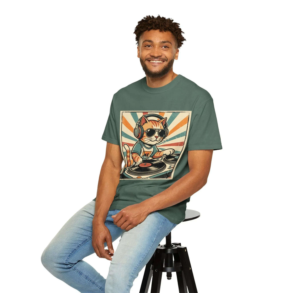 DJ Cat Shirt, Retro Sunburst Turntables Tee, Funny Vinyl Music T-Shirt, Cat DJ Graphic, Festival Rave Outfit, Music Lover Gift
