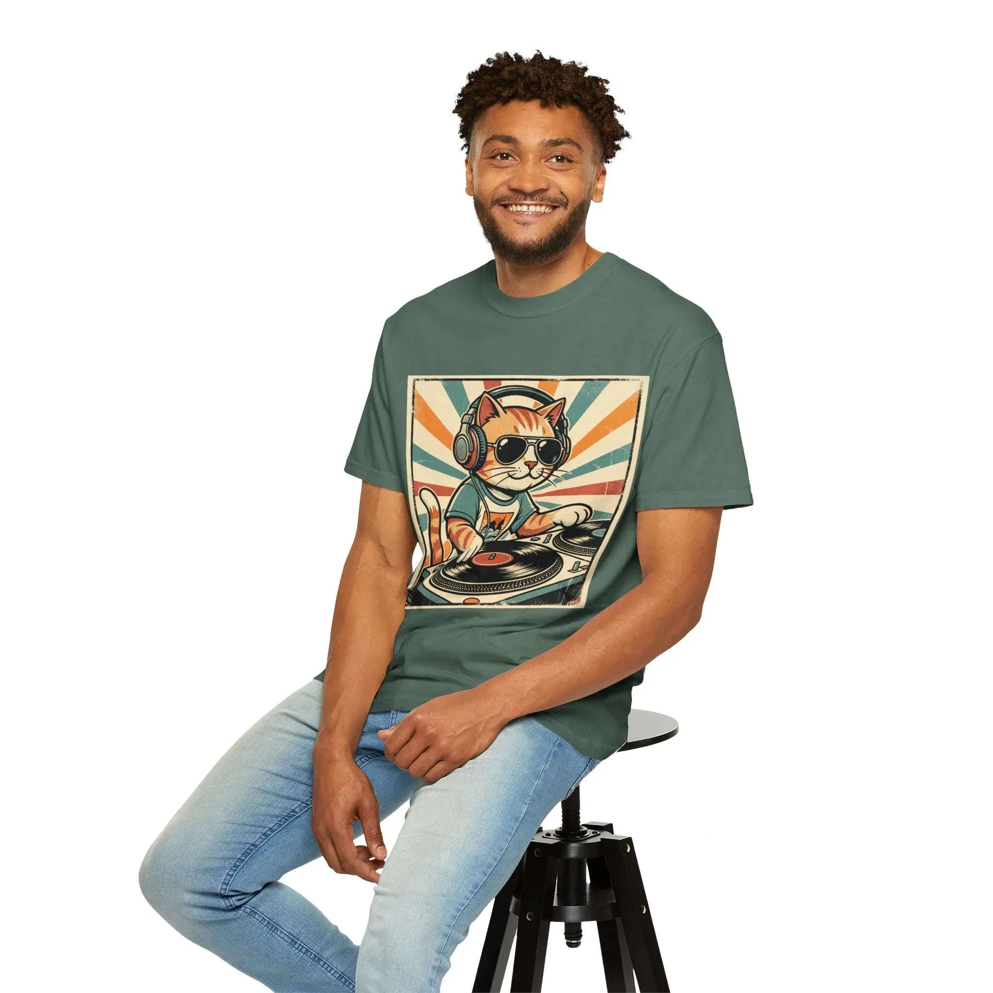DJ Cat Shirt, Retro Sunburst Turntables Tee, Funny Vinyl Music T-Shirt, Cat DJ Graphic, Festival Rave Outfit, Music Lover Gift