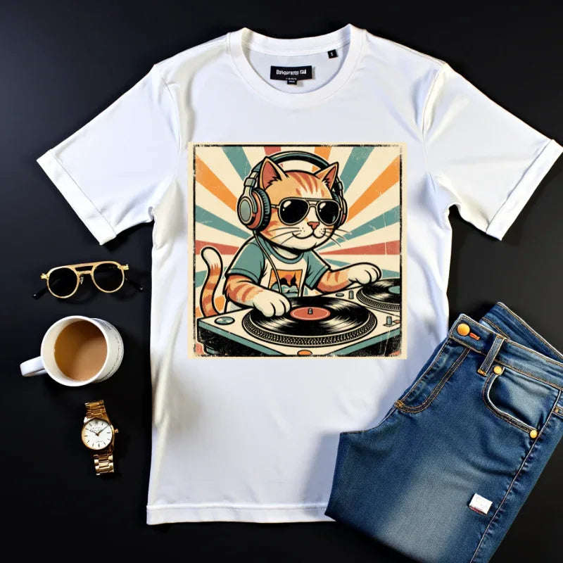 DJ Cat Shirt, Retro Sunburst Turntables Tee, Funny Vinyl Music T-Shirt, Cat DJ Graphic, Festival Rave Outfit, Music Lover Gift White