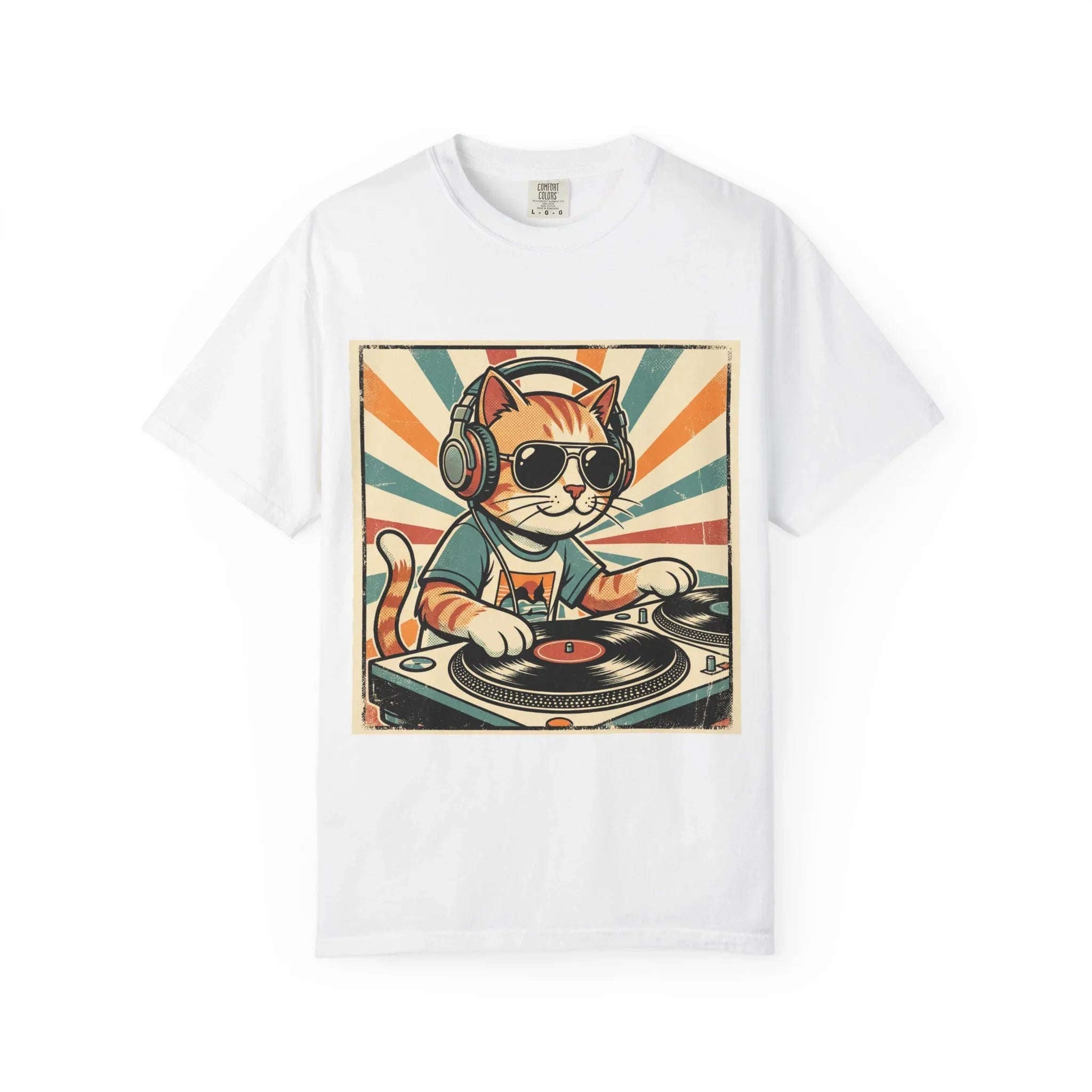 DJ Cat Shirt, Retro Sunburst Turntables Tee, Funny Vinyl Music T-Shirt, Cat DJ Graphic, Festival Rave Outfit, Music Lover Gift