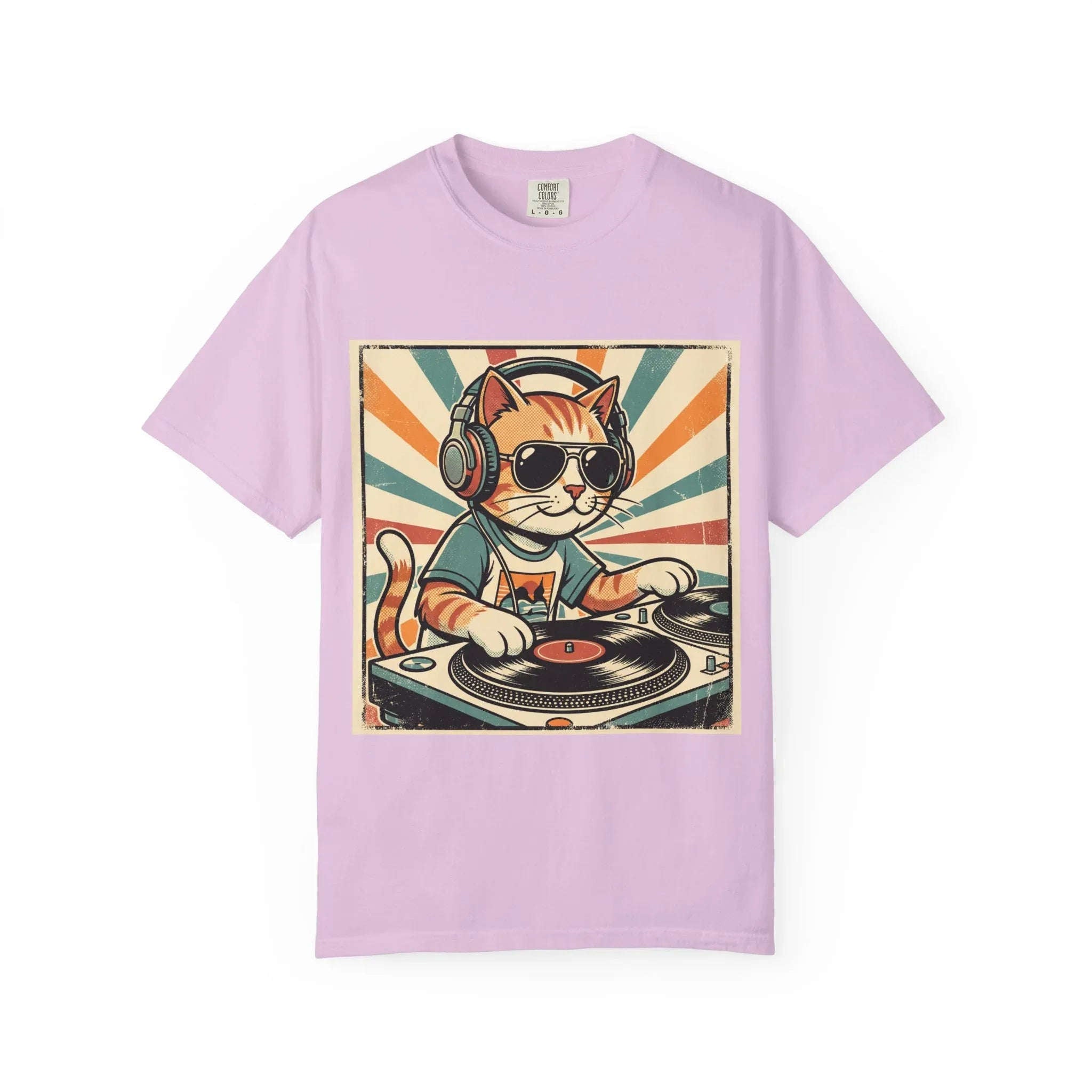 DJ Cat Shirt, Retro Sunburst Turntables Tee, Funny Vinyl Music T-Shirt, Cat DJ Graphic, Festival Rave Outfit, Music Lover Gift Orchid