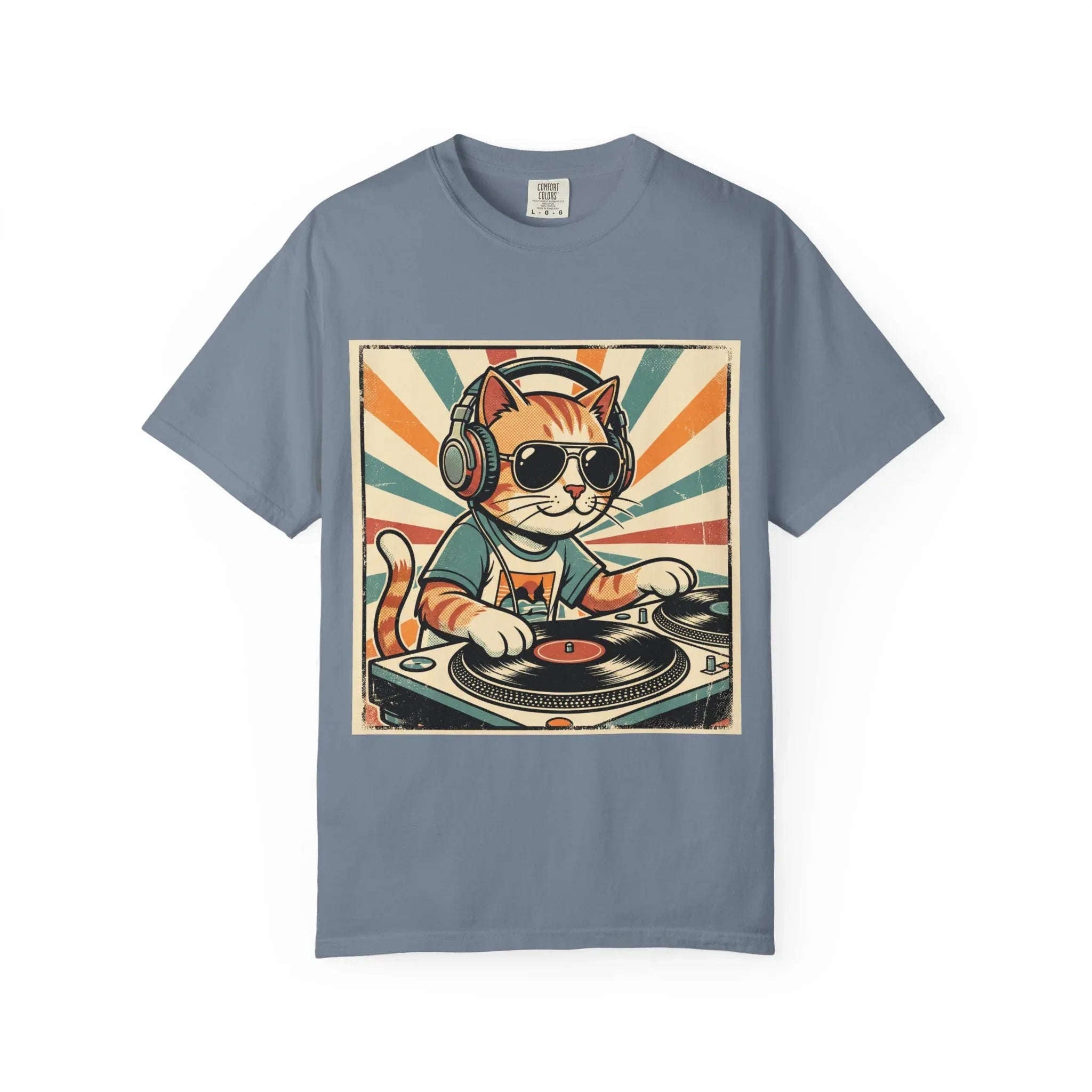 DJ Cat Shirt, Retro Sunburst Turntables Tee, Funny Vinyl Music T-Shirt, Cat DJ Graphic, Festival Rave Outfit, Music Lover Gift Blue Jean