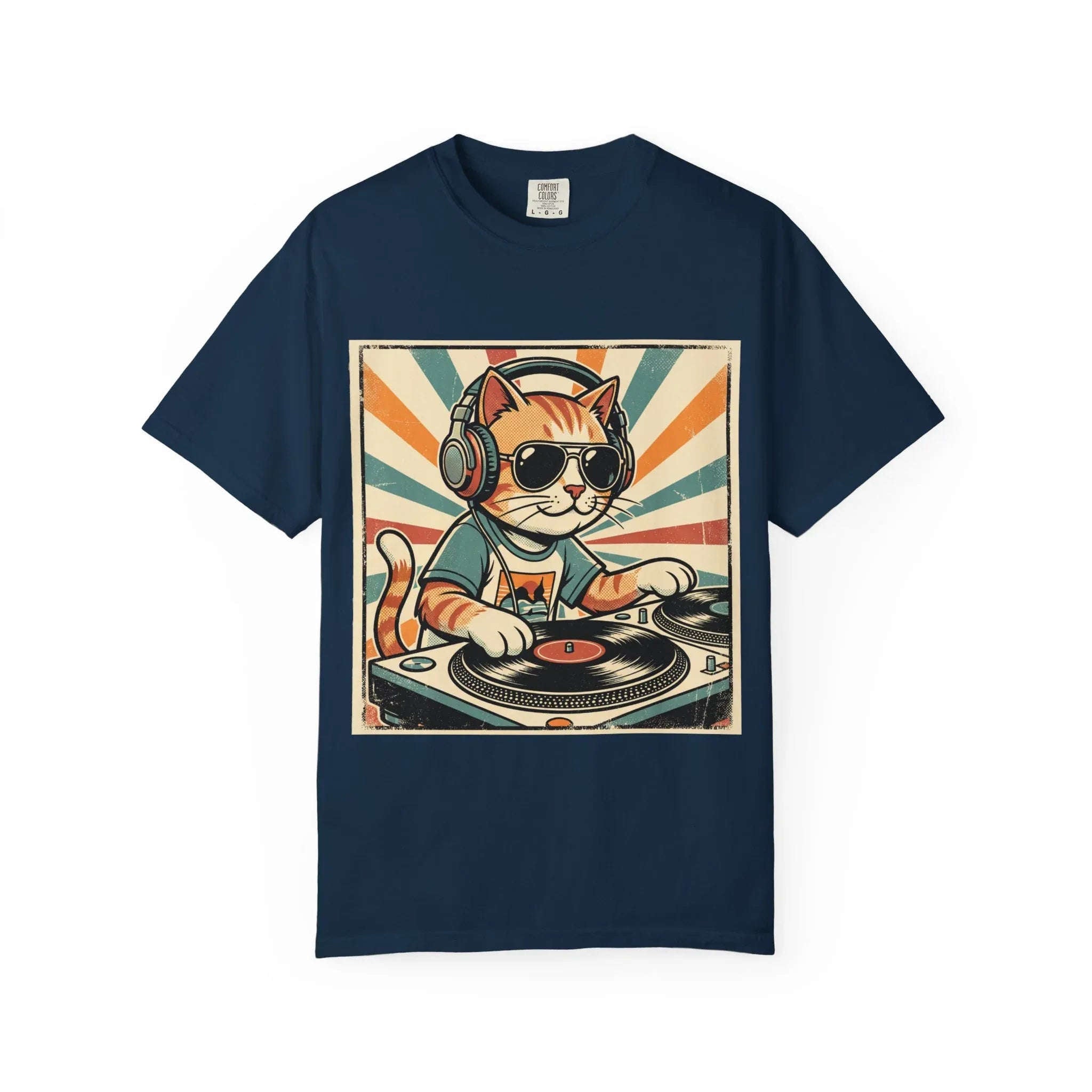 DJ Cat Shirt, Retro Sunburst Turntables Tee, Funny Vinyl Music T-Shirt, Cat DJ Graphic, Festival Rave Outfit, Music Lover Gift True Navy