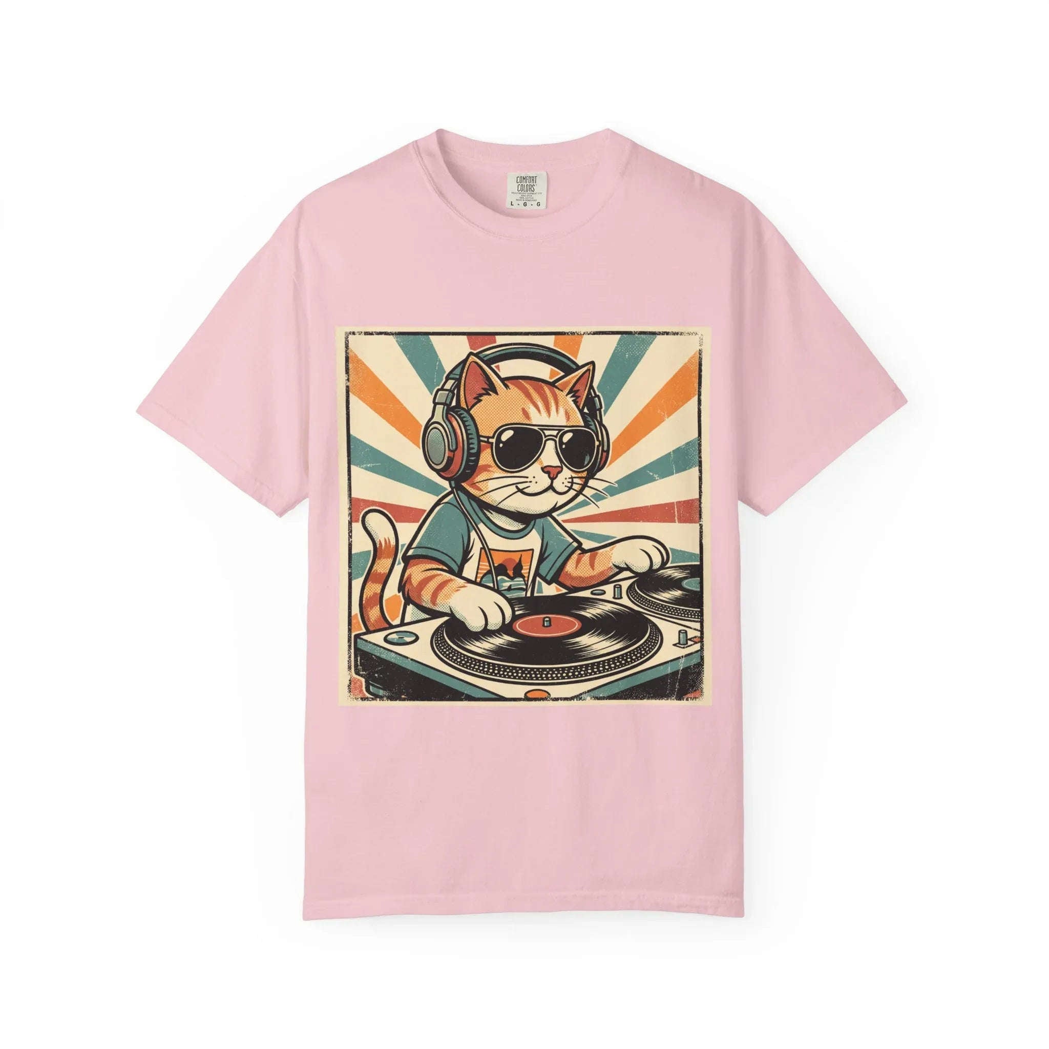 DJ Cat Shirt, Retro Sunburst Turntables Tee, Funny Vinyl Music T-Shirt, Cat DJ Graphic, Festival Rave Outfit, Music Lover Gift Blossom