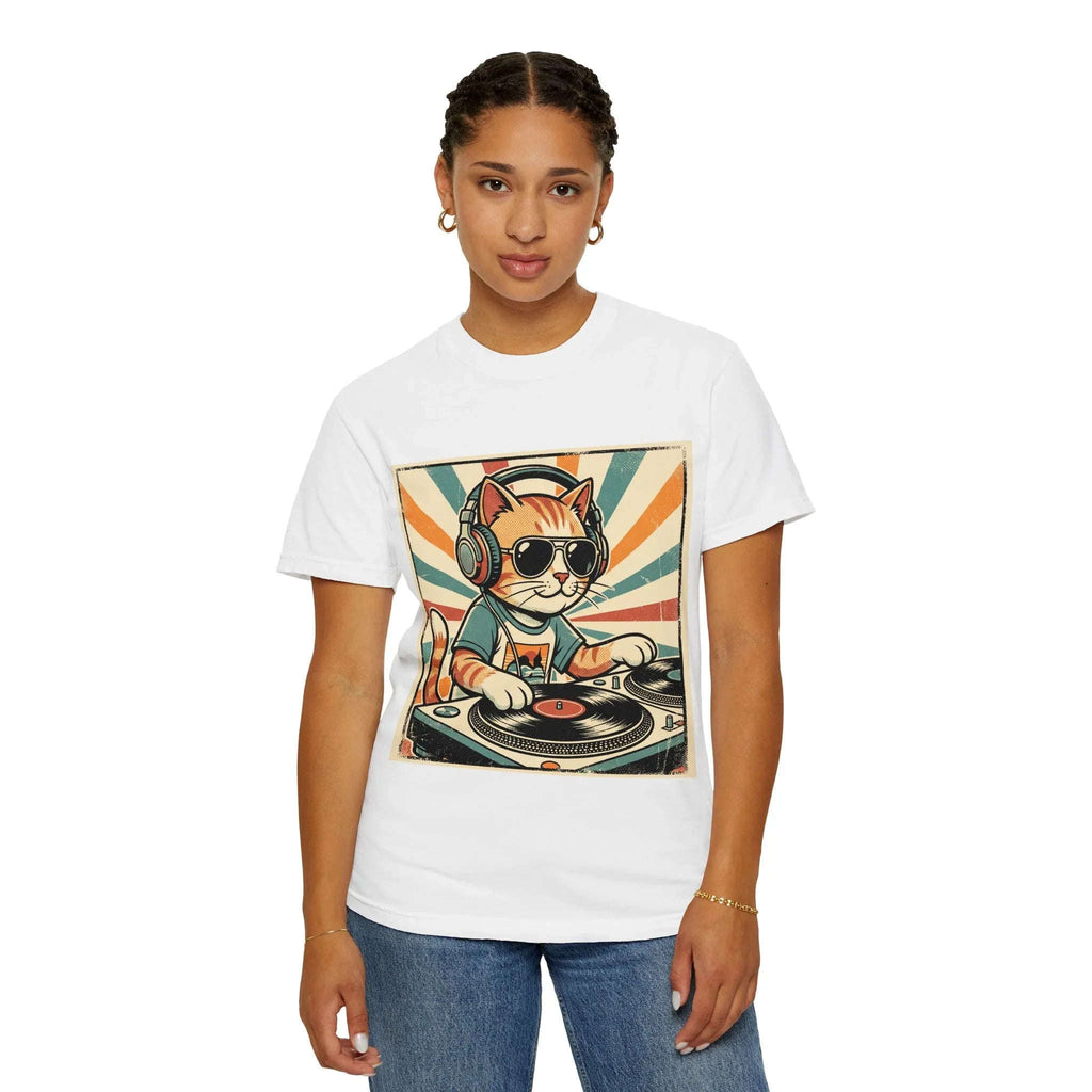 DJ Cat Shirt, Retro Sunburst Turntables Tee, Funny Vinyl Music T-Shirt, Cat DJ Graphic, Festival Rave Outfit, Music Lover Gift