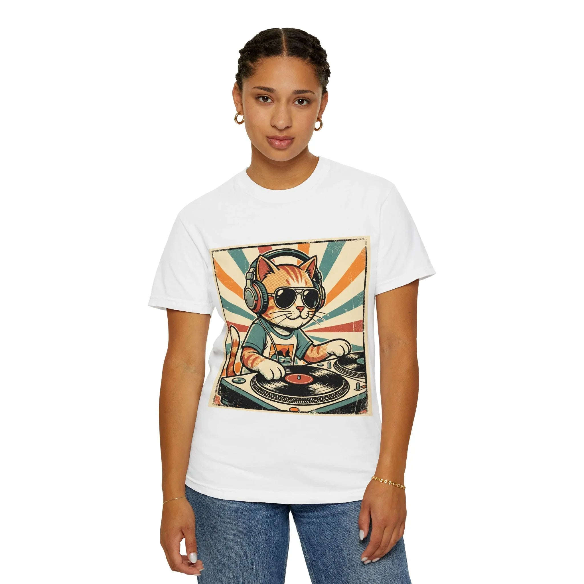 DJ Cat Shirt, Retro Sunburst Turntables Tee, Funny Vinyl Music T-Shirt, Cat DJ Graphic, Festival Rave Outfit, Music Lover Gift