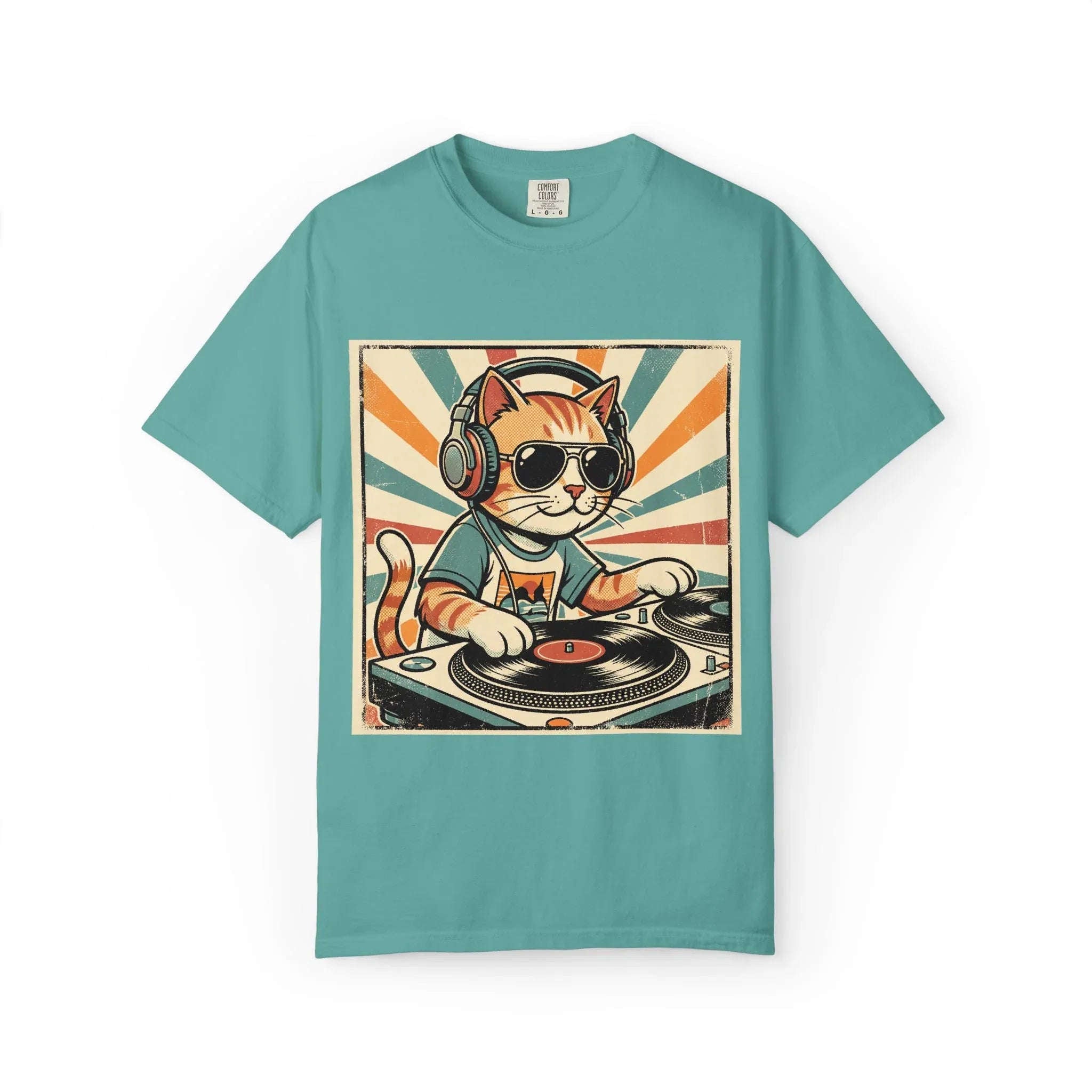 DJ Cat Shirt, Retro Sunburst Turntables Tee, Funny Vinyl Music T-Shirt, Cat DJ Graphic, Festival Rave Outfit, Music Lover Gift Seafoam