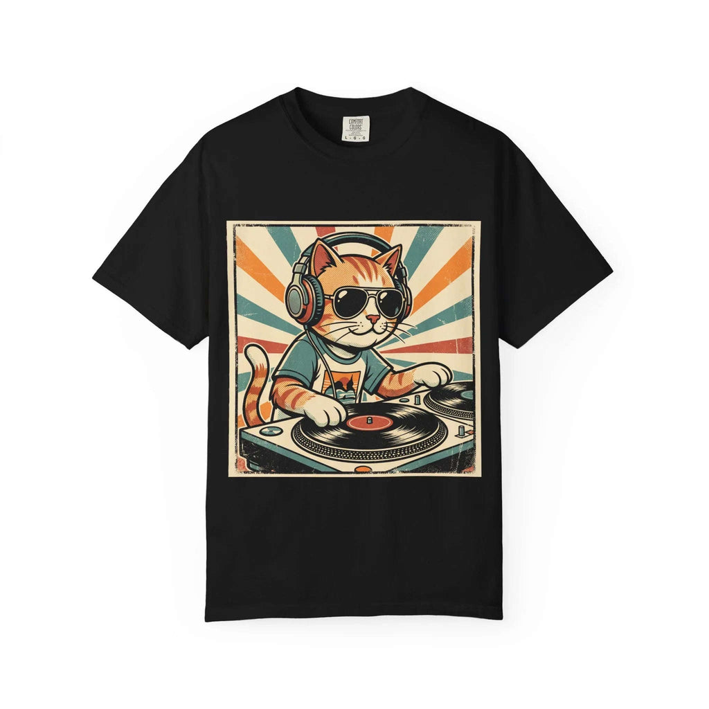 DJ Cat Shirt, Retro Sunburst Turntables Tee, Funny Vinyl Music T-Shirt, Cat DJ Graphic, Festival Rave Outfit, Music Lover Gift Black