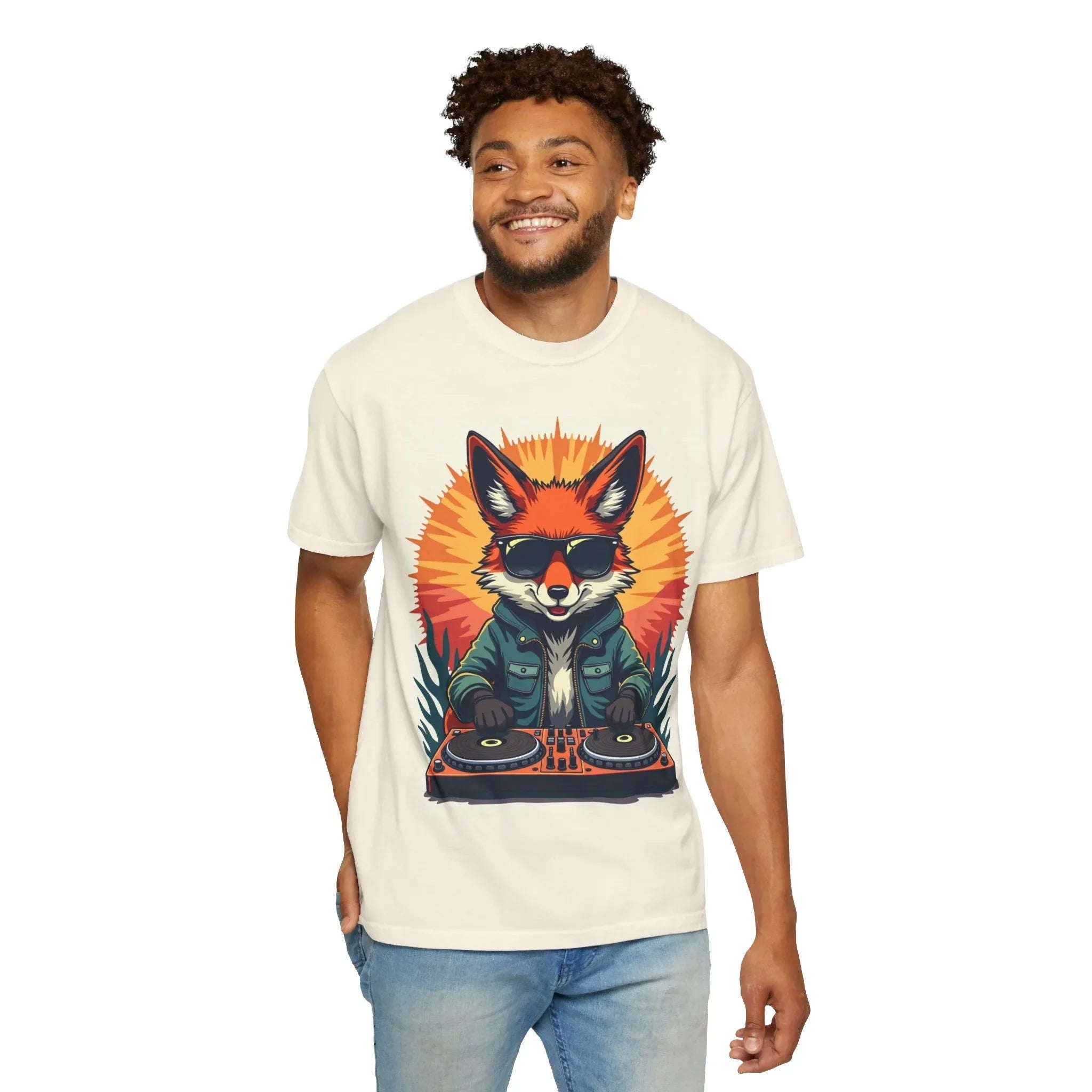 DJ Fox Shirt, Retro Sunburst Turntables Tee, Funny Animal DJ T-Shirt, EDM Rave Festival Outfit, Music Lover Gift Ivory