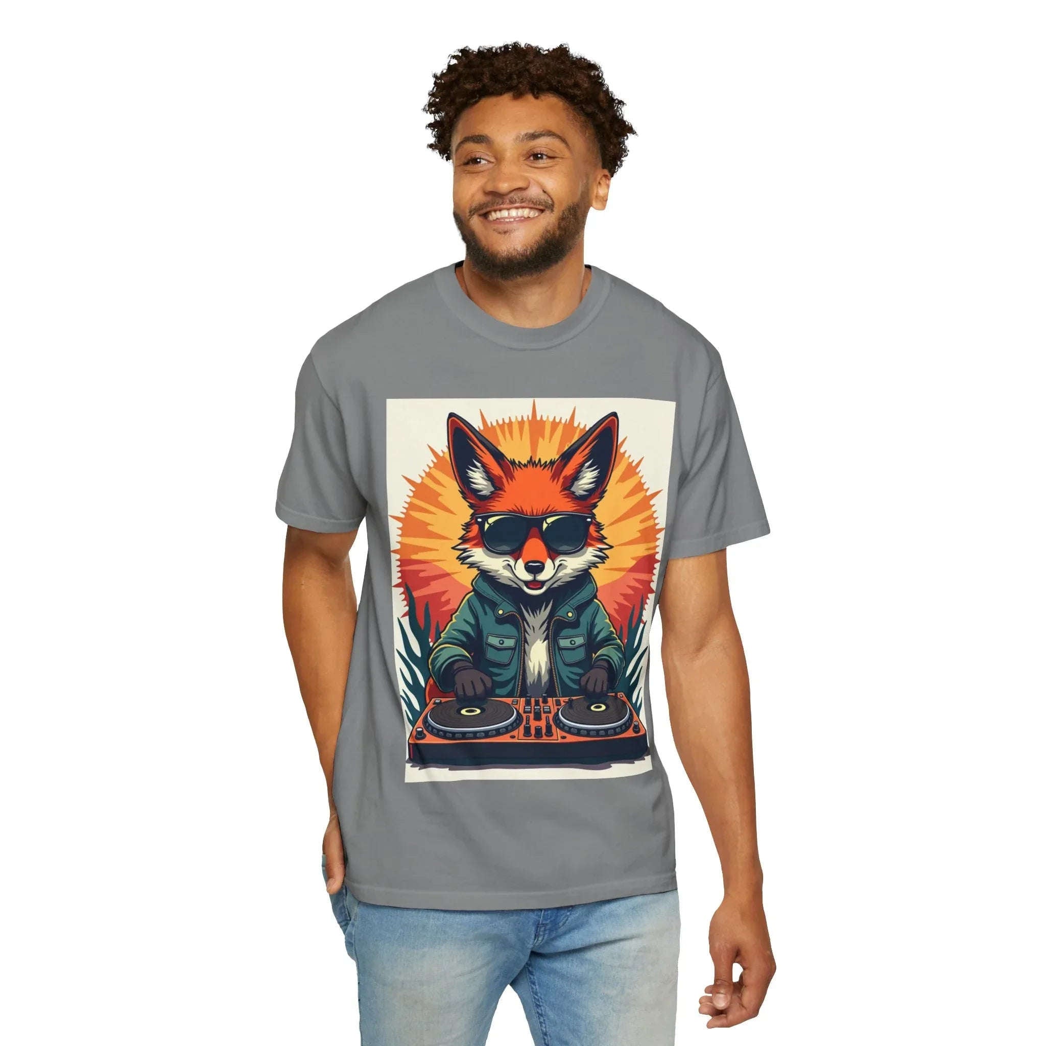 DJ Fox Shirt, Retro Sunburst Turntables Tee, Funny Animal DJ T-Shirt, EDM Rave Festival Outfit, Music Lover Gift Grey