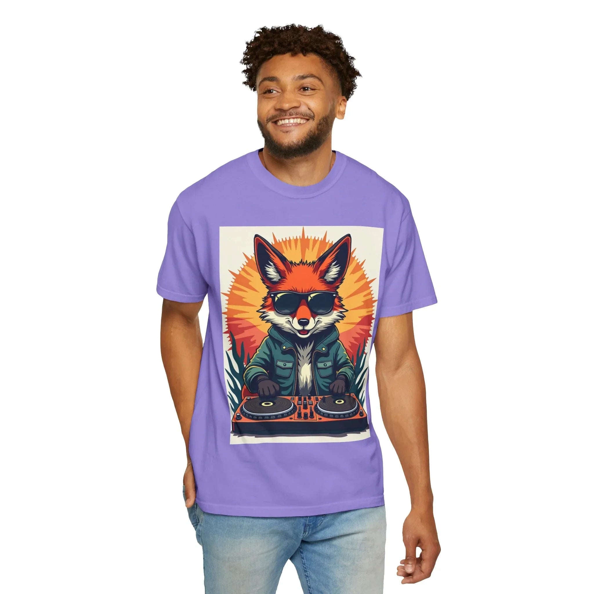 DJ Fox Shirt, Retro Sunburst Turntables Tee, Funny Animal DJ T-Shirt, EDM Rave Festival Outfit, Music Lover Gift Violet