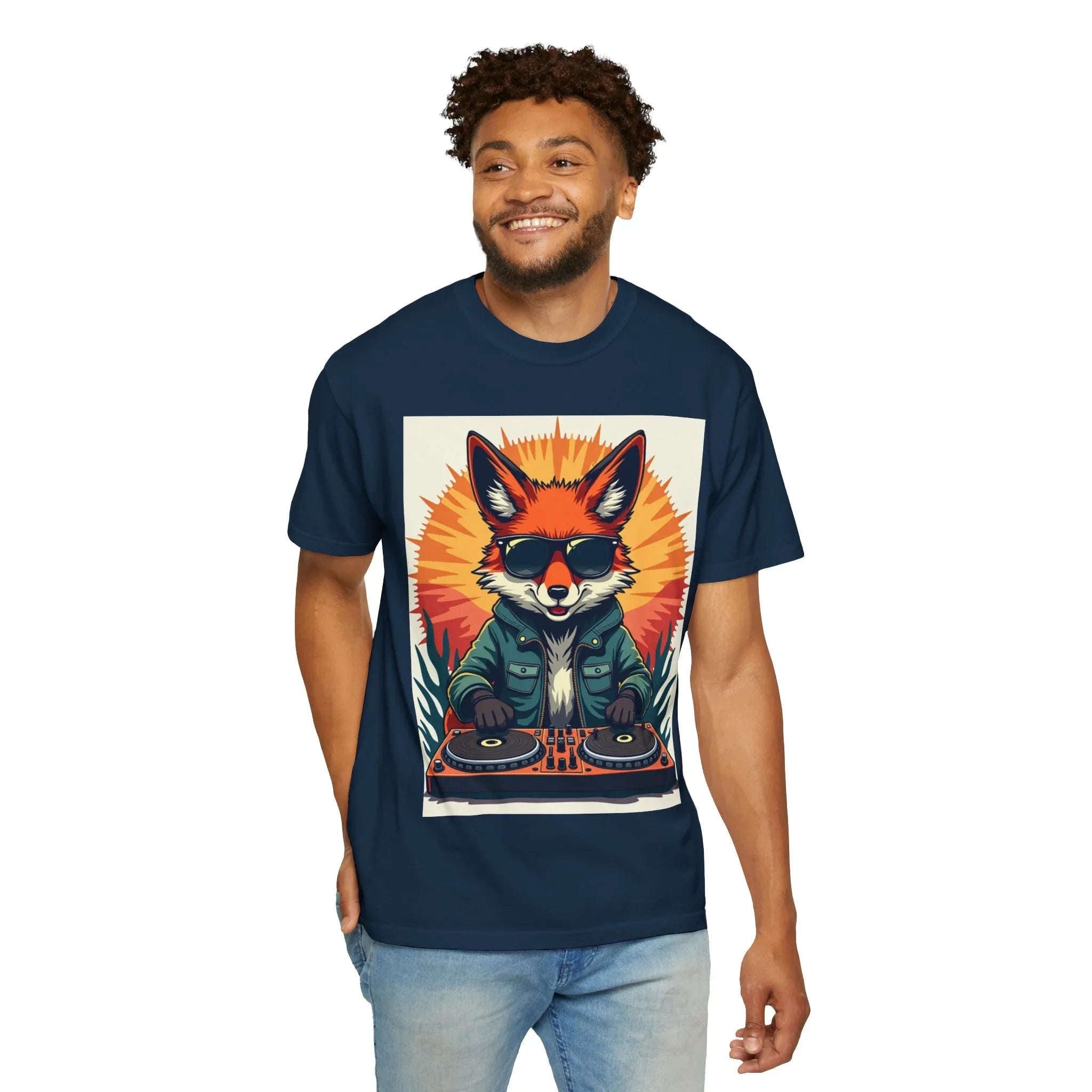 DJ Fox Shirt, Retro Sunburst Turntables Tee, Funny Animal DJ T-Shirt, EDM Rave Festival Outfit, Music Lover Gift True Navy