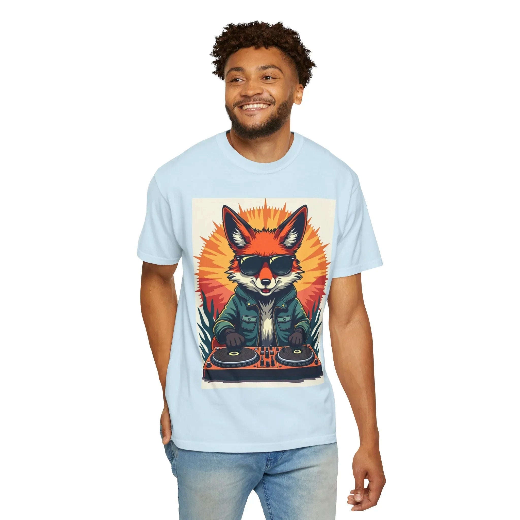 DJ Fox Shirt, Retro Sunburst Turntables Tee, Funny Animal DJ T-Shirt, EDM Rave Festival Outfit, Music Lover Gift Chambray