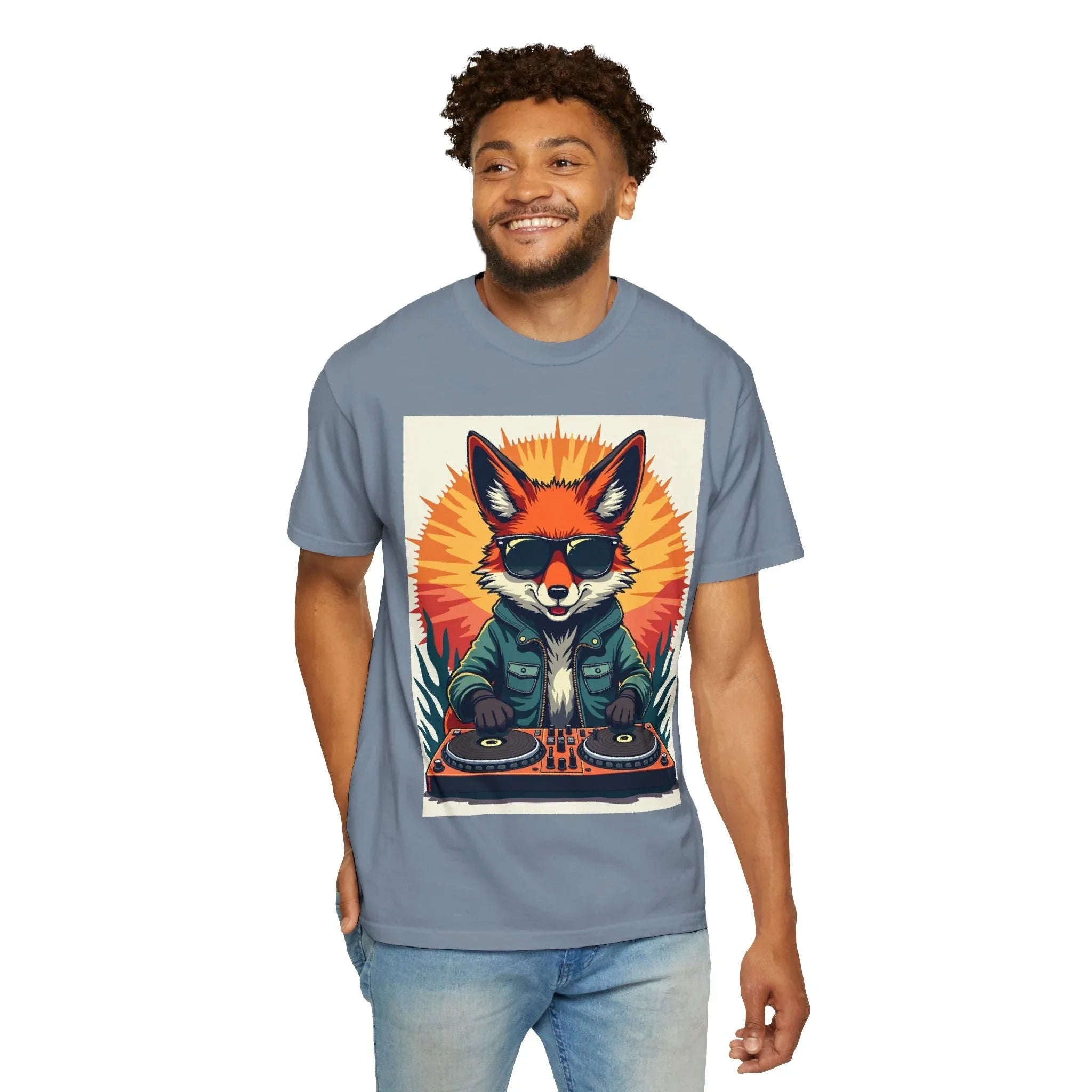 DJ Fox Shirt, Retro Sunburst Turntables Tee, Funny Animal DJ T-Shirt, EDM Rave Festival Outfit, Music Lover Gift Blue Jean