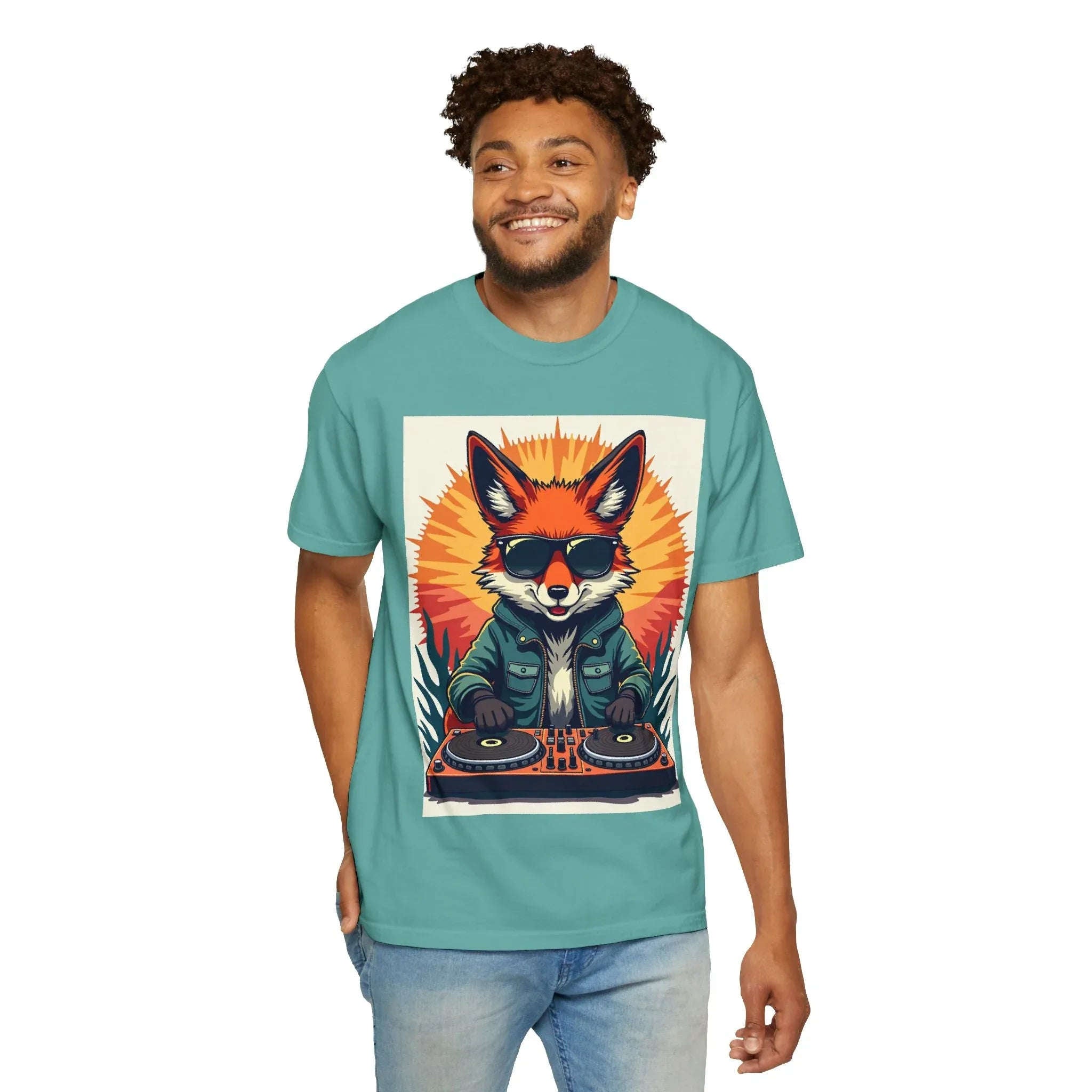 DJ Fox Shirt, Retro Sunburst Turntables Tee, Funny Animal DJ T-Shirt, EDM Rave Festival Outfit, Music Lover Gift Seafoam