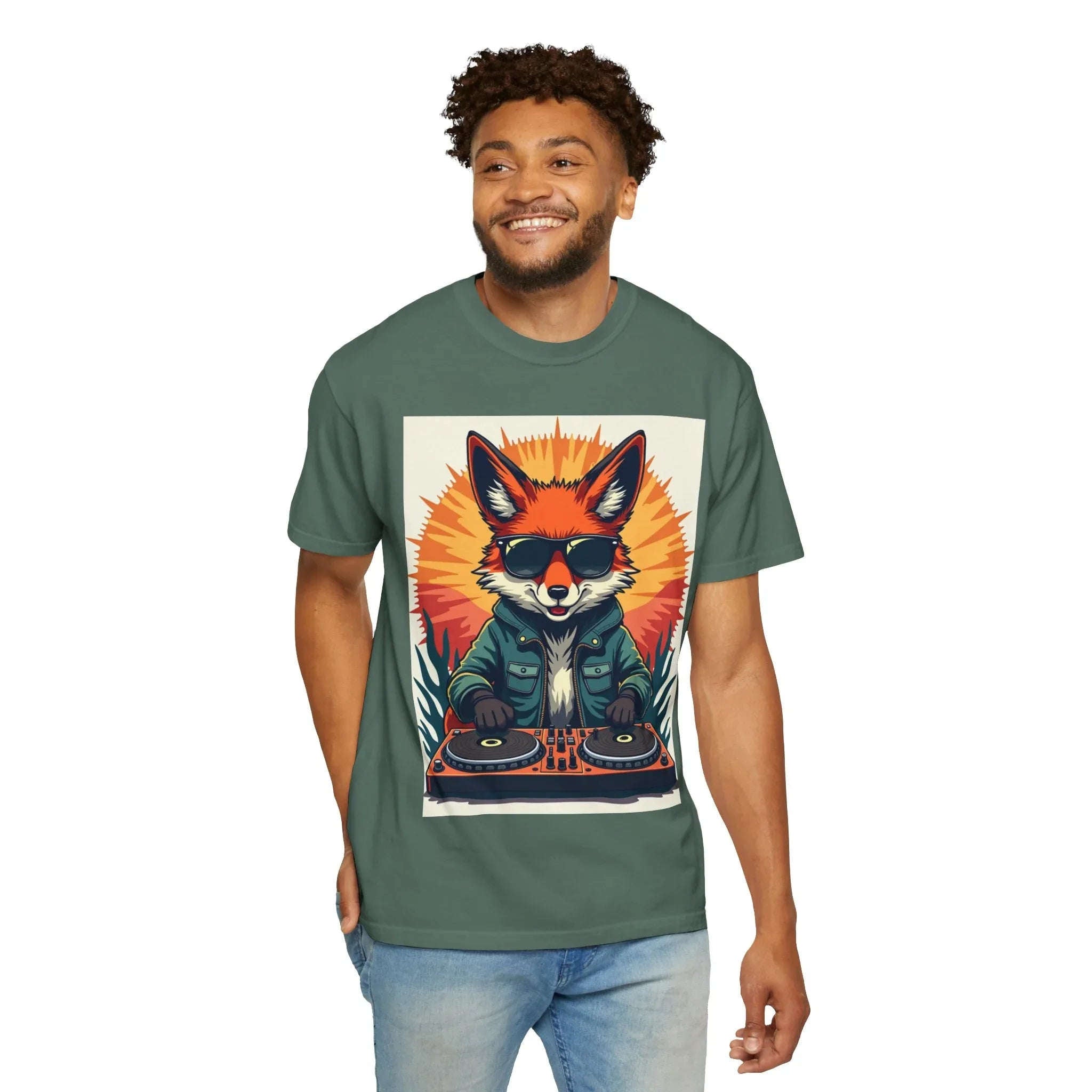 DJ Fox Shirt, Retro Sunburst Turntables Tee, Funny Animal DJ T-Shirt, EDM Rave Festival Outfit, Music Lover Gift Blue Spruce