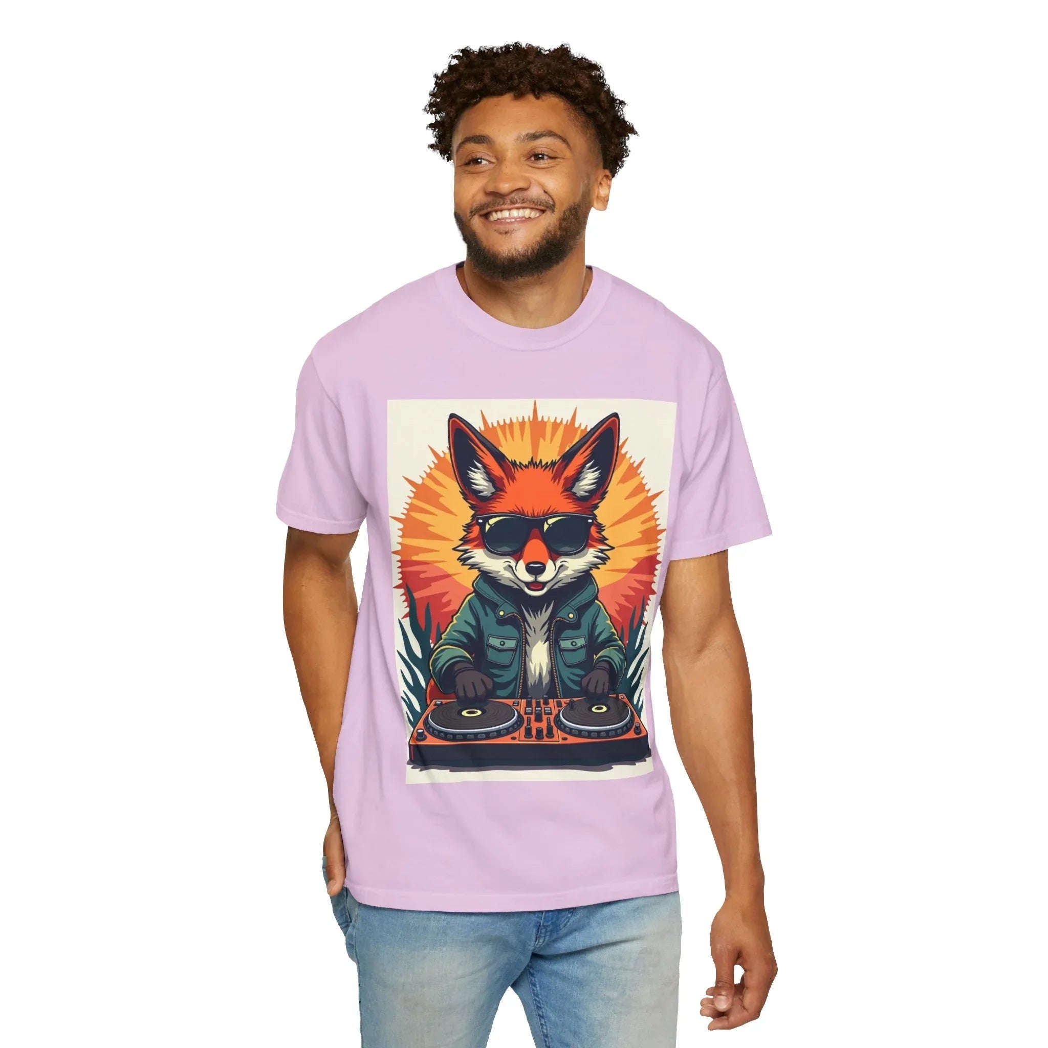 DJ Fox Shirt, Retro Sunburst Turntables Tee, Funny Animal DJ T-Shirt, EDM Rave Festival Outfit, Music Lover Gift Orchid