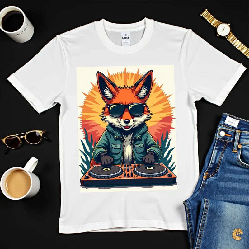 DJ Fox Shirt, Retro Sunburst Turntables Tee, Funny Animal DJ T-Shirt, EDM Rave Festival Outfit, Music Lover Gift White