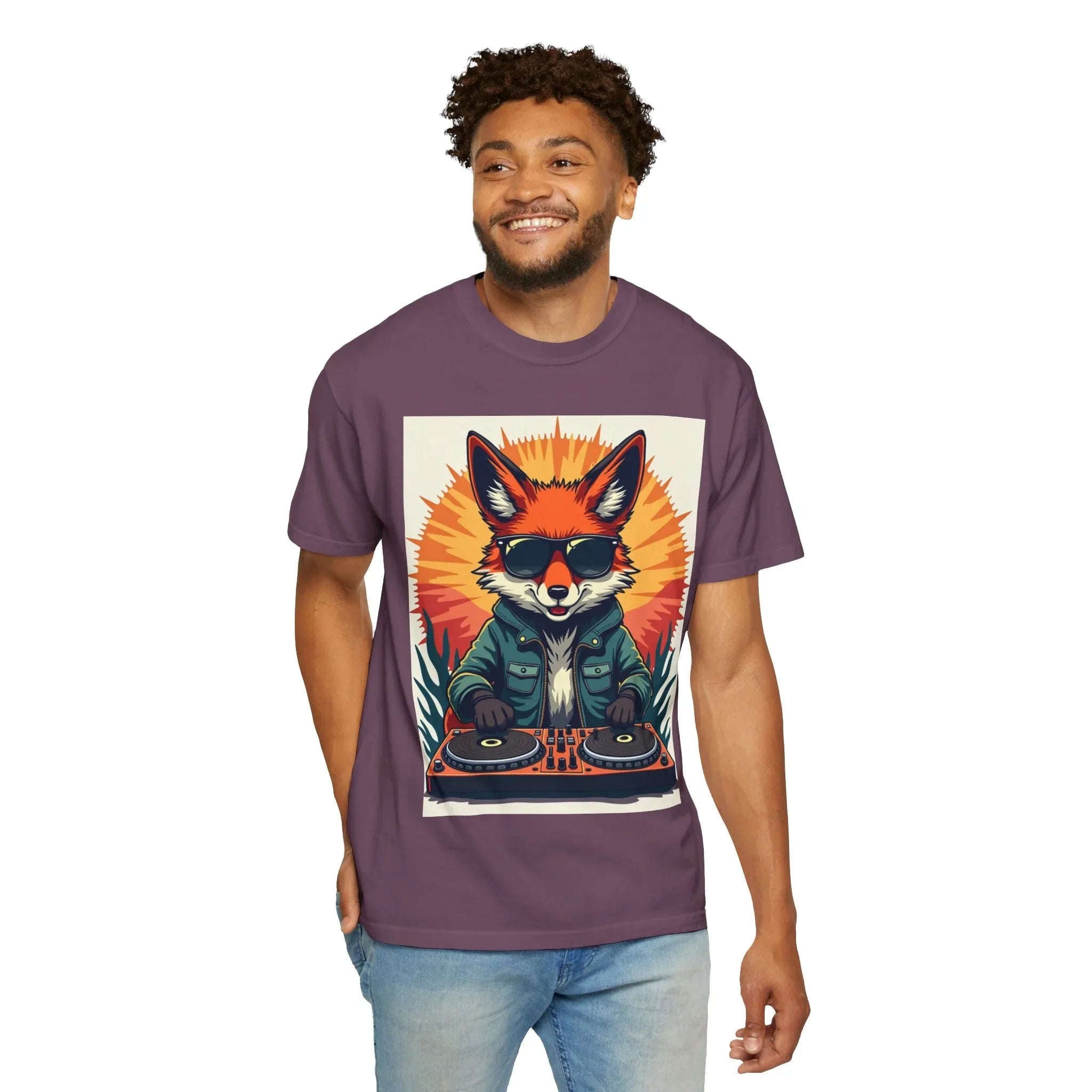 DJ Fox Shirt, Retro Sunburst Turntables Tee, Funny Animal DJ T-Shirt, EDM Rave Festival Outfit, Music Lover Gift Berry M