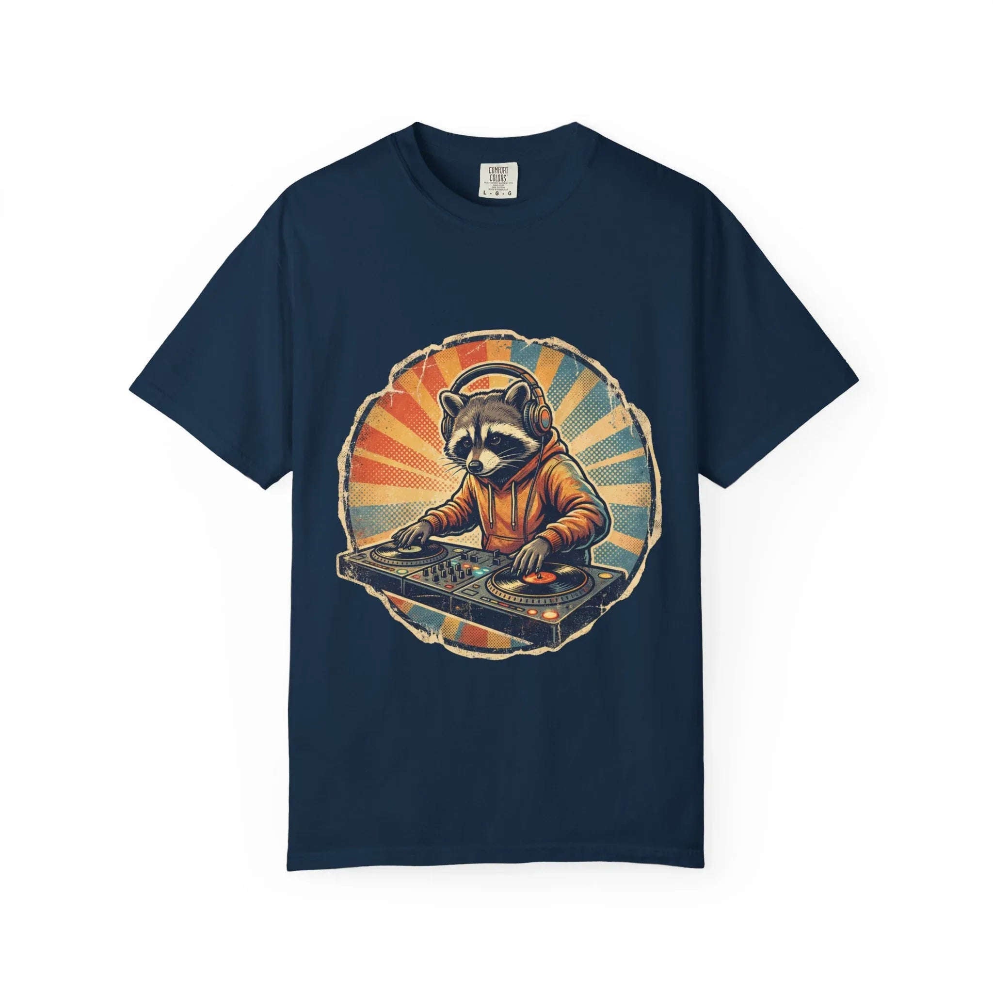 DJ Raccoon T-shirt, Retro Sunset Raccoon T-shirt, Funny DJ Turntable T-shirt, EDM Music Festival Outfit, Gift for Music Lovers. True Navy