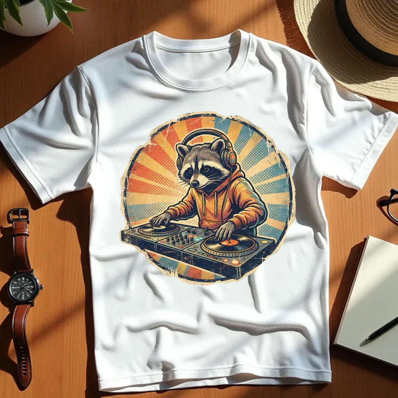 DJ Raccoon T-shirt, Retro Sunset Raccoon T-shirt, Funny DJ Turntable T-shirt, EDM Music Festival Outfit, Gift for Music Lovers. White